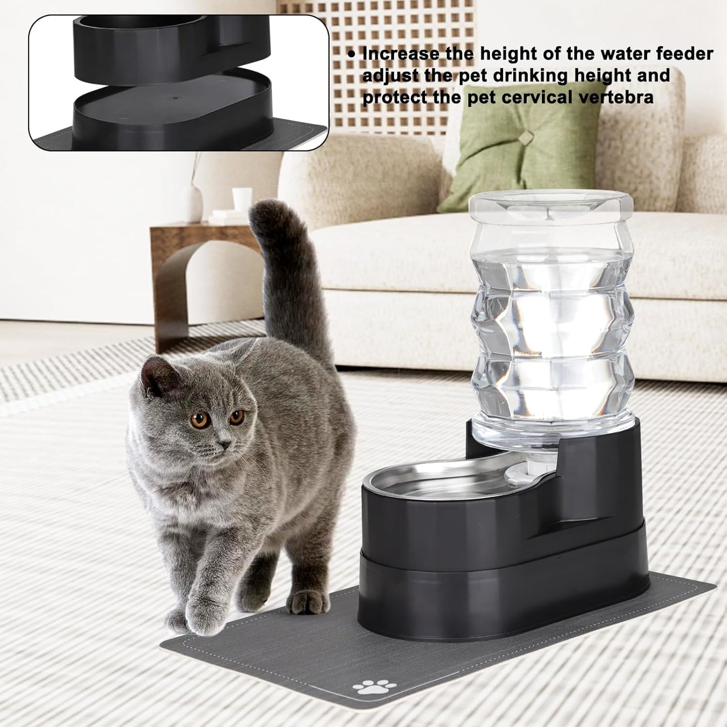 RIZZARI Automatic Cat Water Dispenser: Black 7L Elevated - Stainless Steel Gravity Feeder with Specialized Brush and Triple Filtration - Splash Guard Mat - Use in Bedroom and Livingroom