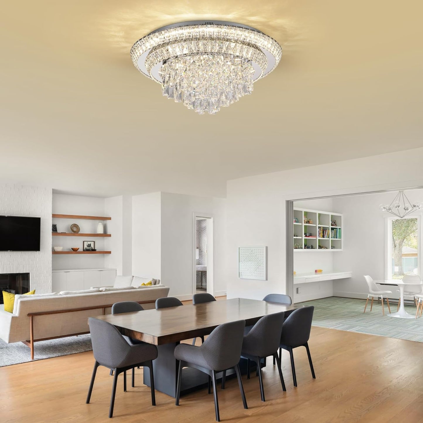 COCOSTAR 24 inch Flush Mount Crystal Chandeliers with Remote and APP, Modern Elegant LED Crystal Raindrop Ceiling Light Fixture, 3CCT Dimmable, for Living Room Kitchen Island Bedroom Entryway Foyer