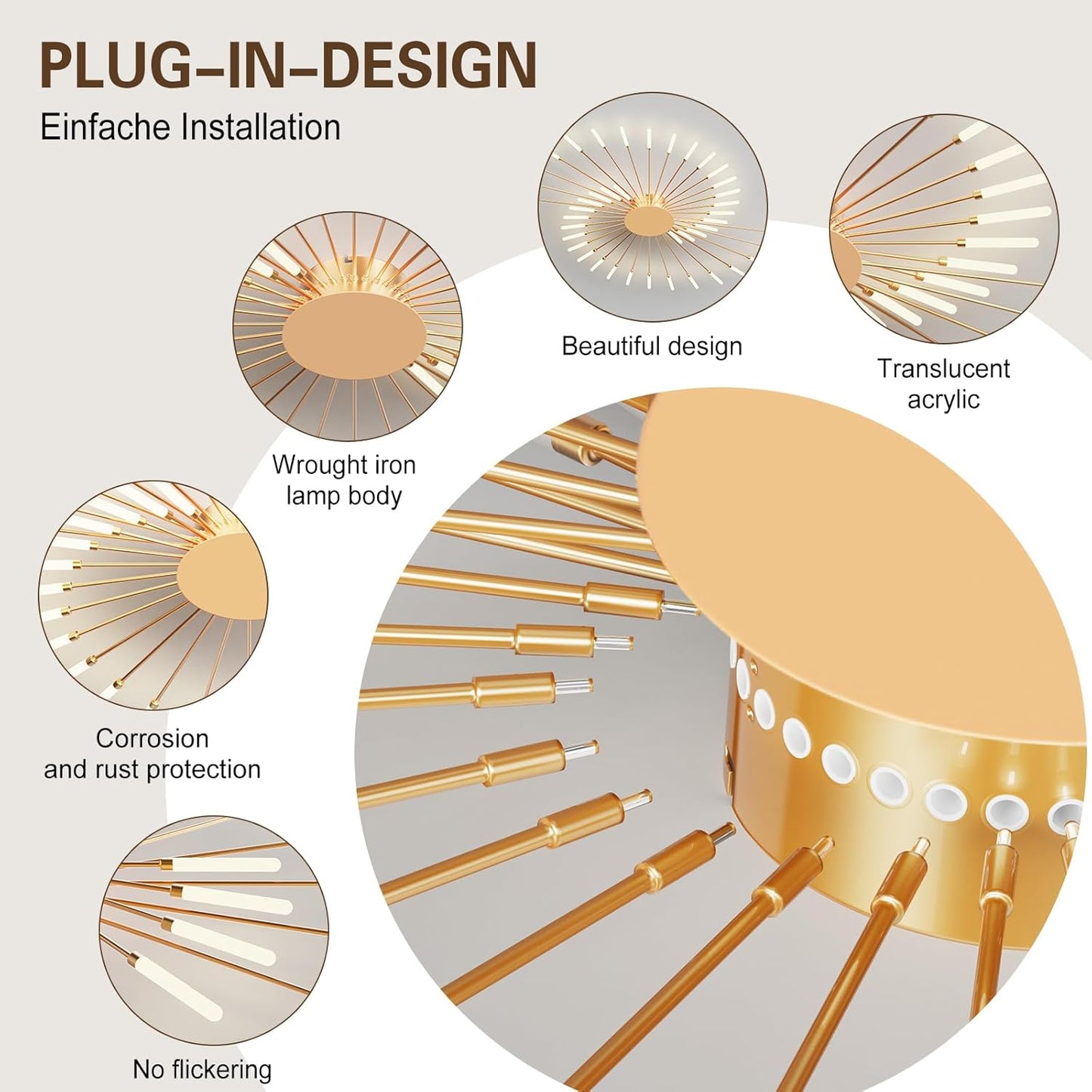 Modern Ceiling Light Flower Shape, Metal Firework Ceiling Lamp with Plug-in LED Source, Lighting Fixture for Living Room Dining Room Bedroom, Natural Light
