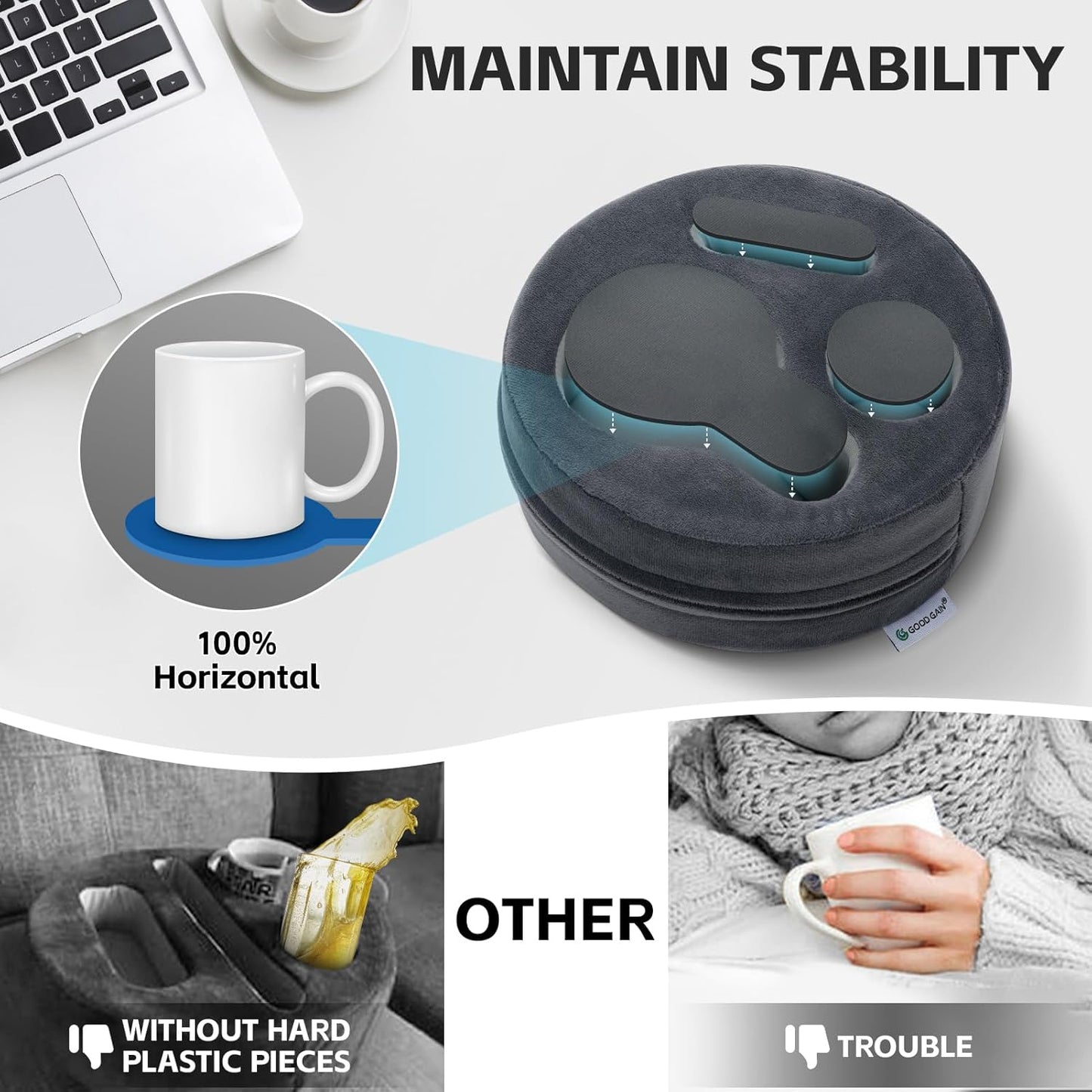 G GOOD GAIN Couch Cup Holder Pillow, Cute Sofa Drink Cup Holder Cozy Buddy | Desk Organizer for Mugs, Snacks, Phone, Makeup | Bed Caddy Tray for Car, Beach, Picnic, Boat, RV, Table (Grey)