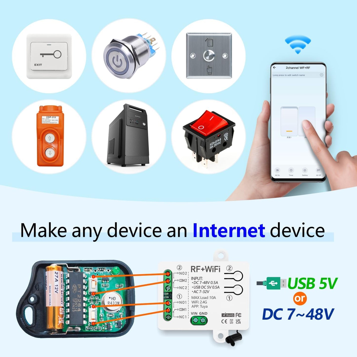 DieseRC Tuya 2 Channels WiFi Smart Switch, DC 5V 12V 24V 36V Passive Output Relay Module, with 2 pcs RF Remote Control, Compatible with Alexa/Google Home