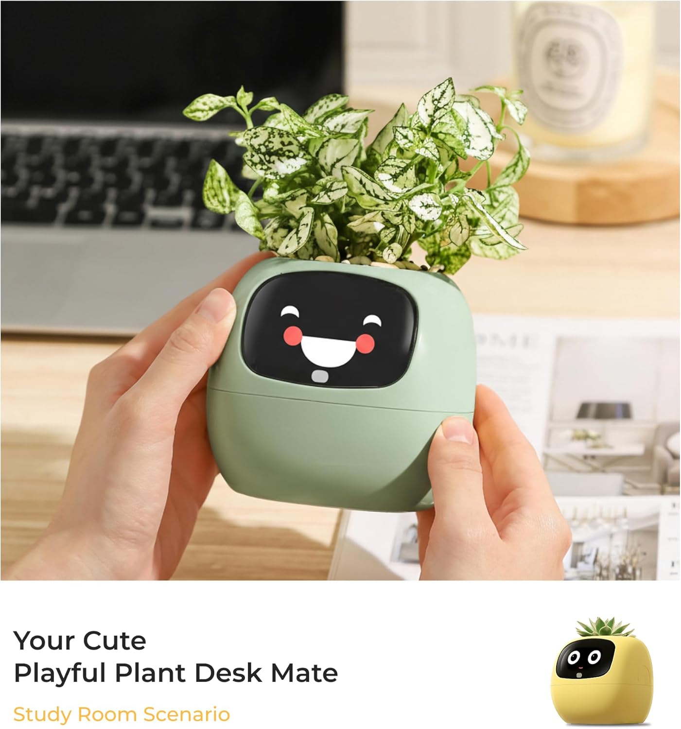 Ivy AI Smart Plant Pot with Emoji Intelligent Planter Robot for Houseplants Tamagotchi Flower Pot Stylish Plantagotchi Home Decor(Mint)