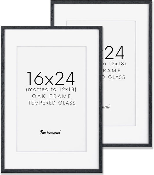 Fun Memories Black 16x24 Picture Frame, Oak Wood 16 x 24 Poster Frames Set of 2, Rustic 16 by 24 Frame for Wall, 16x24 Frame with Mat for 12x18, Tempered Real Glass