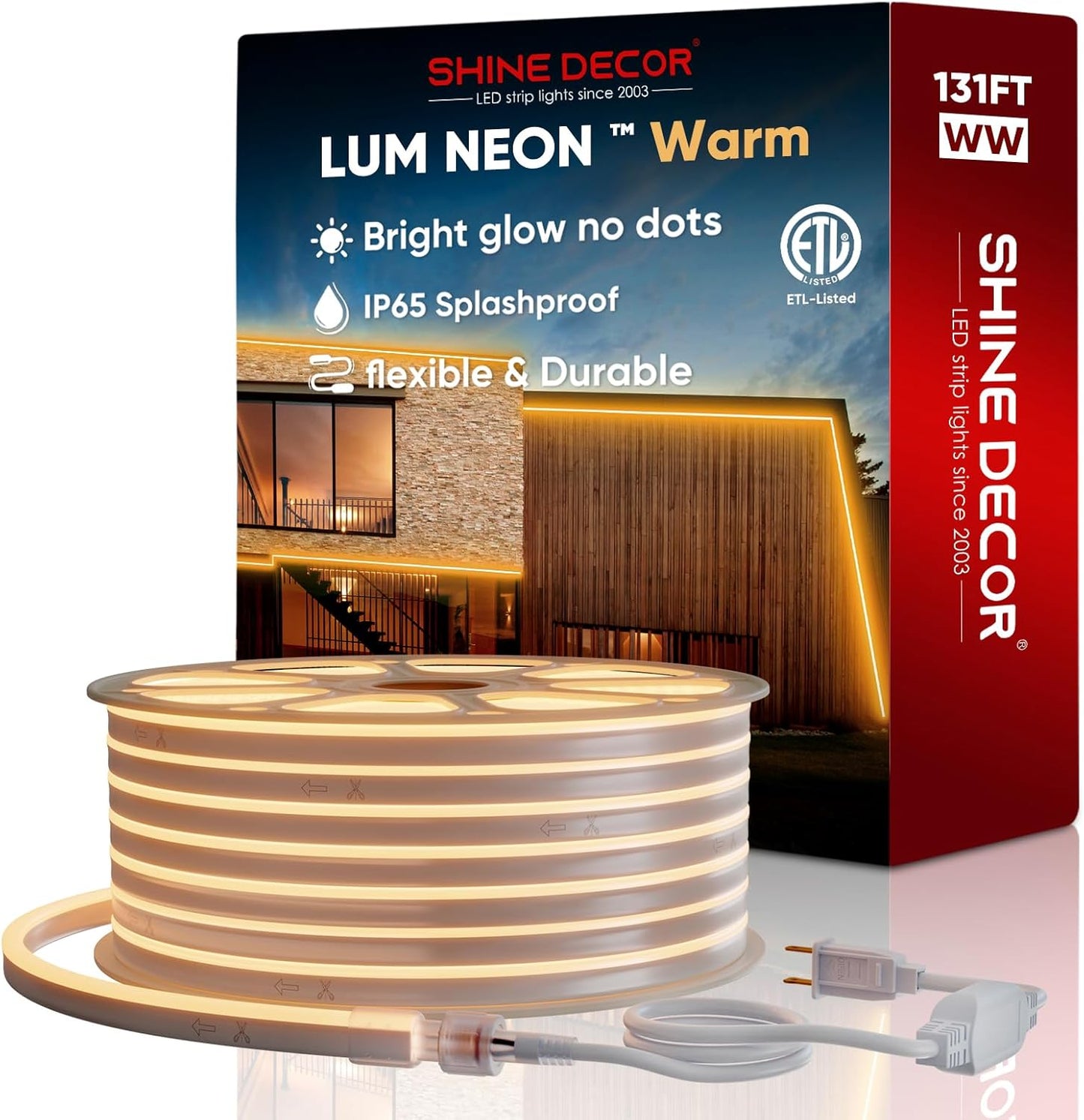 Shine Decor LED Neon Rope Lights AC 120V, Expandable & Cuttable 120LEDs/M Bright Strip Lighting, ETL Cold-Resistant & IP65 Waterproof for Indoor Outdoor, 8x16mm, 2500K Warm White, 131.2ft
