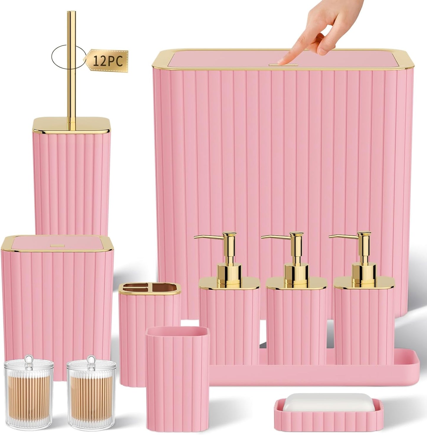 Bathroom Accessory Set - Bathroom Set, 12PC Bathroom Accessories Set, Pink Bathroom Accessories Set, Mini Trash Can, Toilet Brush, Trash Can & Soap Dispenser