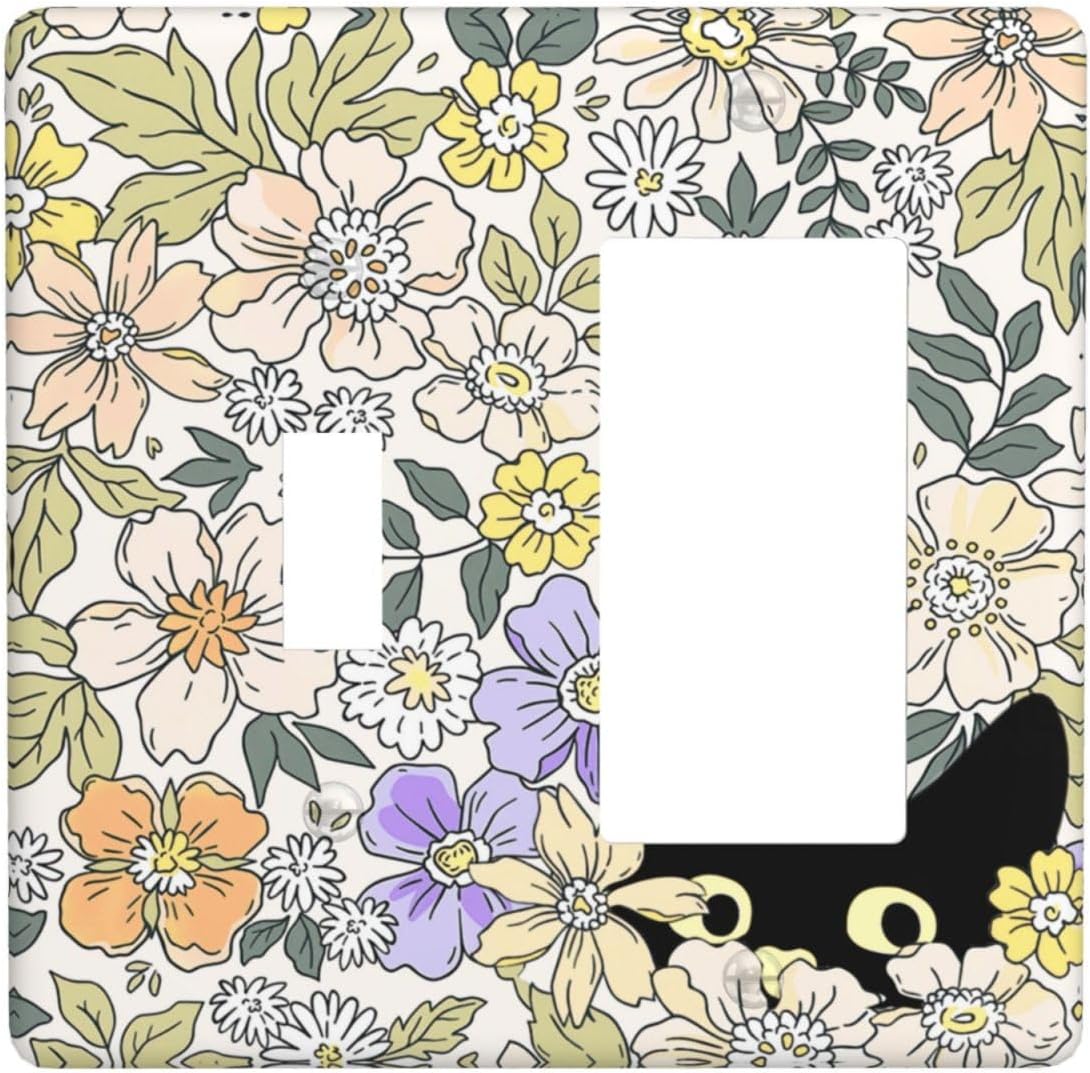 Decorative Outlet Covers Cute Black Cat in a Flower Patch Botanical Garden 2 Gang 1 Gang Wall Plate Single Toggle Rocker Light Switch Covers Switch Plate Cover for Bedroom Home Decor