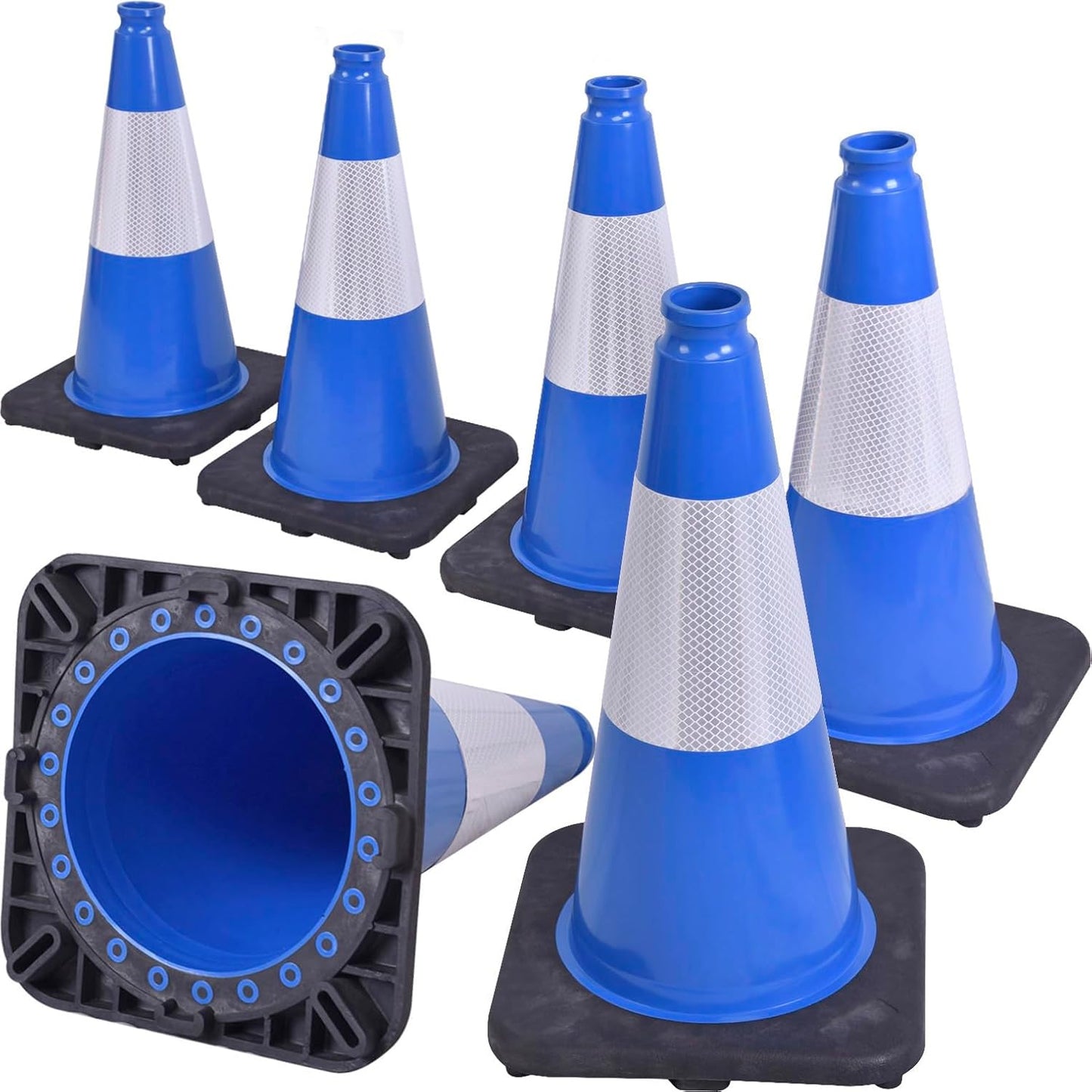 6 Pack 18" Inch Blue PVC Traffic Cones with Heavy-Duty Base, High-Visibility All-Weather Safety Cones for Road Construction, Parking Lot, and Garage Use (6, Blue, 18" Medium)