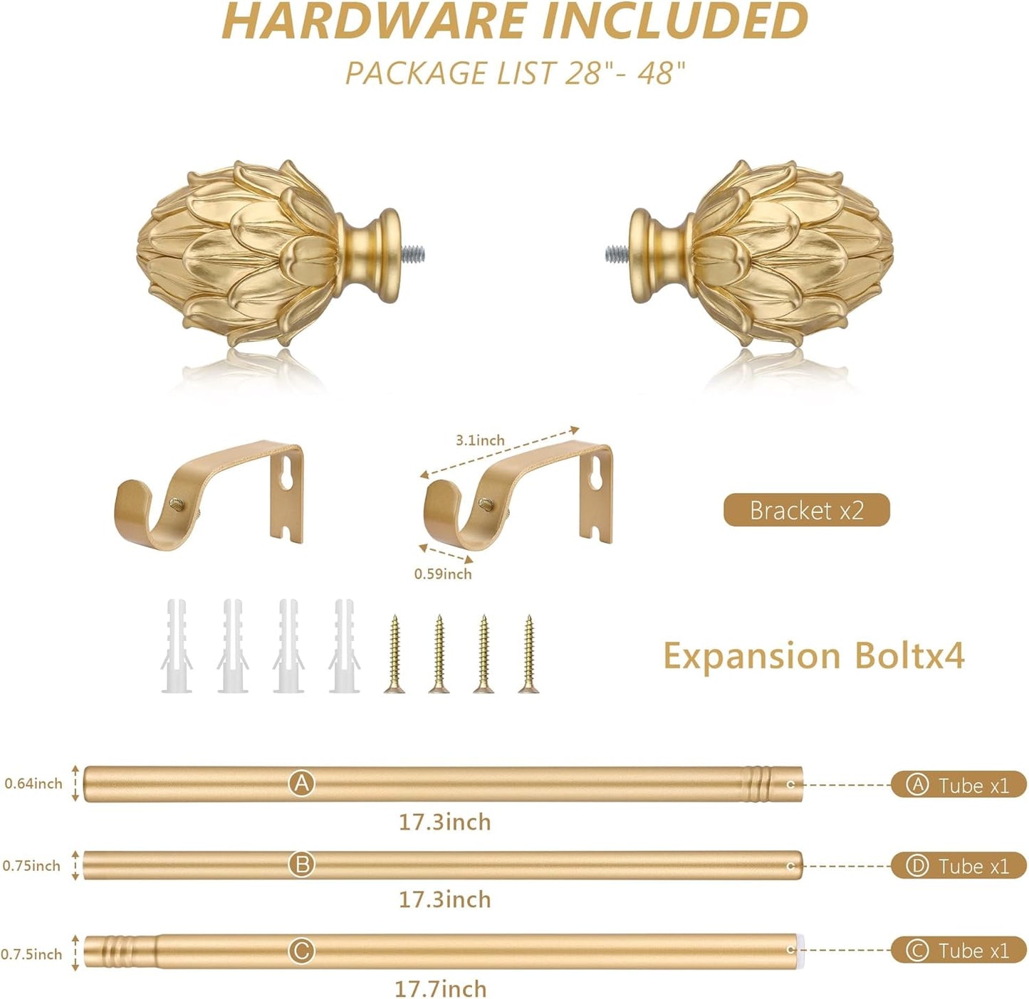 Curtain Rods 28"-48" Adjustable, Gold, Metal, Wall Mounted, Single Window Treatment Rods with Classic Finials