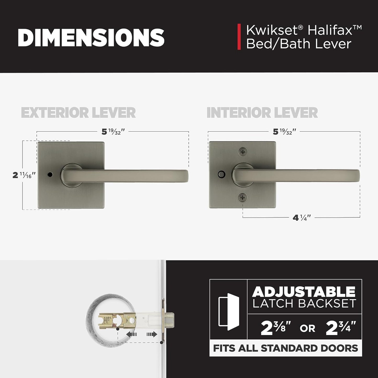 Kwikset Halifax Interior Square Privacy Door Handle with Lock, Door Lever for Bathroom and Bedroom, Gunmetal Reversible Keyless Turn Lock