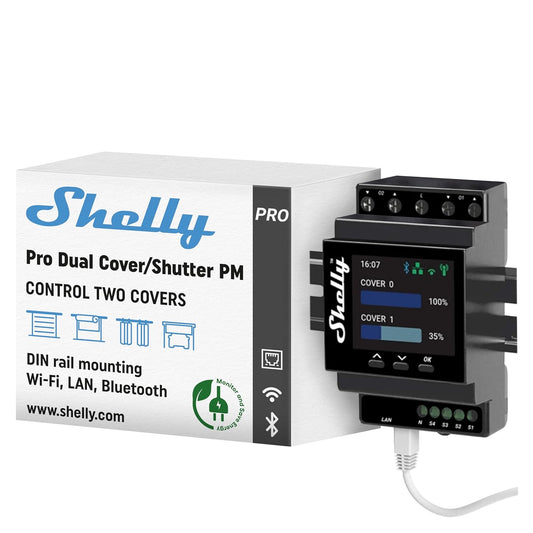 Shelly Pro Dual Cover/Shutter PM | LAN and Wi-Fi Connection, Professional DIN Rail Smart Dual Cover/Shutter Controller with 2 Covers 16 A Each | Home Automation | Precise Power Metering