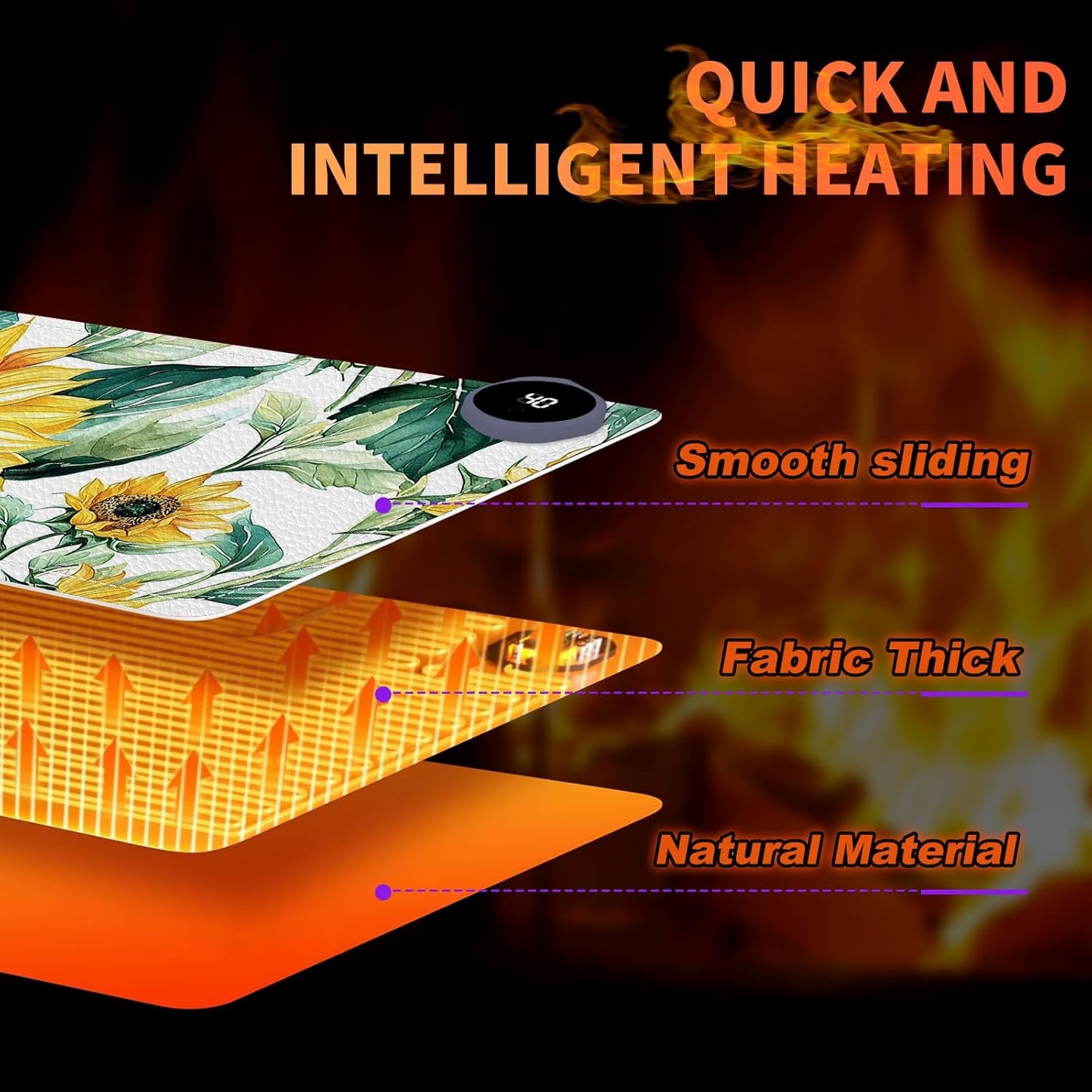 Heated Mouse Pad, Warm Desk Pad, Keyboard Mat 31.5 x 13 Inch Large Size Intelligent Fast Heating, 3 Speed Adjustable, Timed Auto Power Off for Game Office Home,Blooming Sunflowers