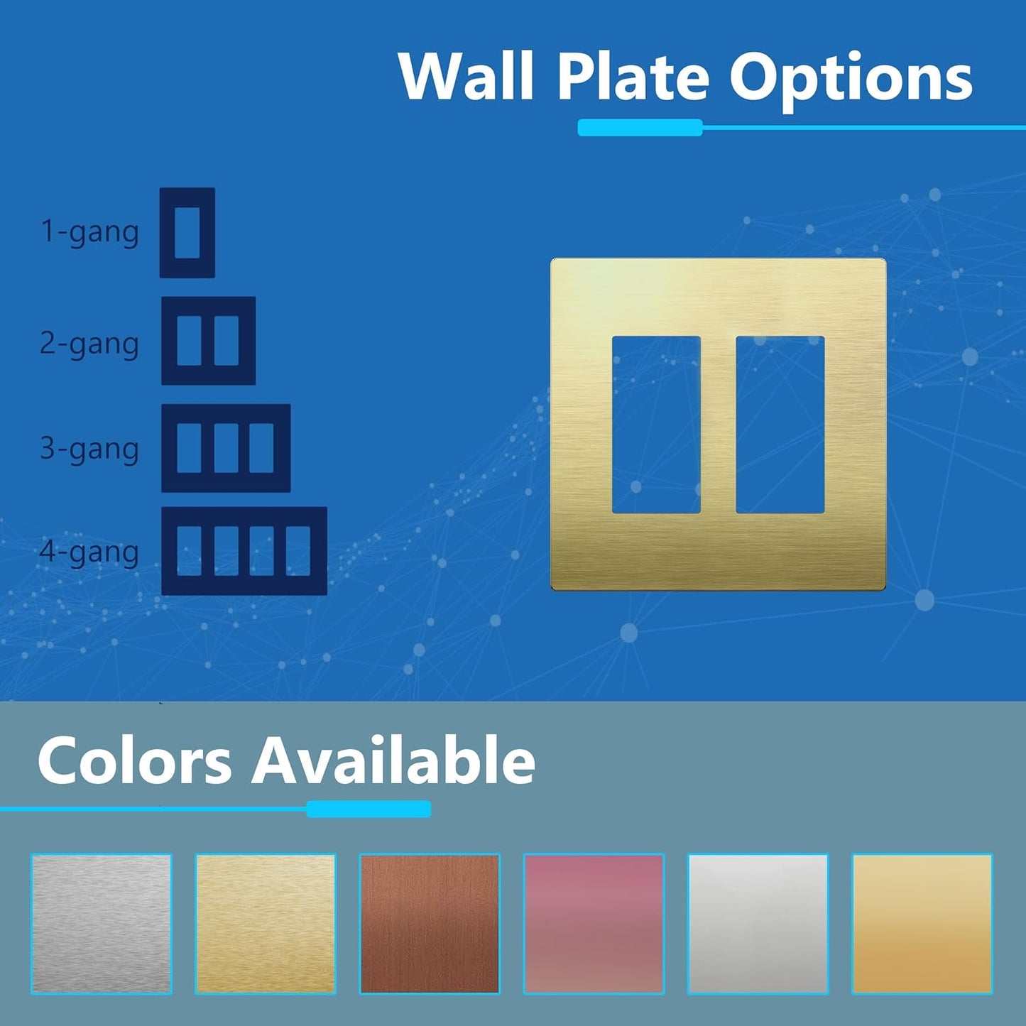 LIDER Double Decorator Metal Wall Plate, Temperature and Impact Resistant, 201 Stainless Steel, Screwless Cover, Modern Upgrade, Mid-Size 2-Gang 4.88” x 4.92”, Brushed Brass, LSMWP-32M-BB