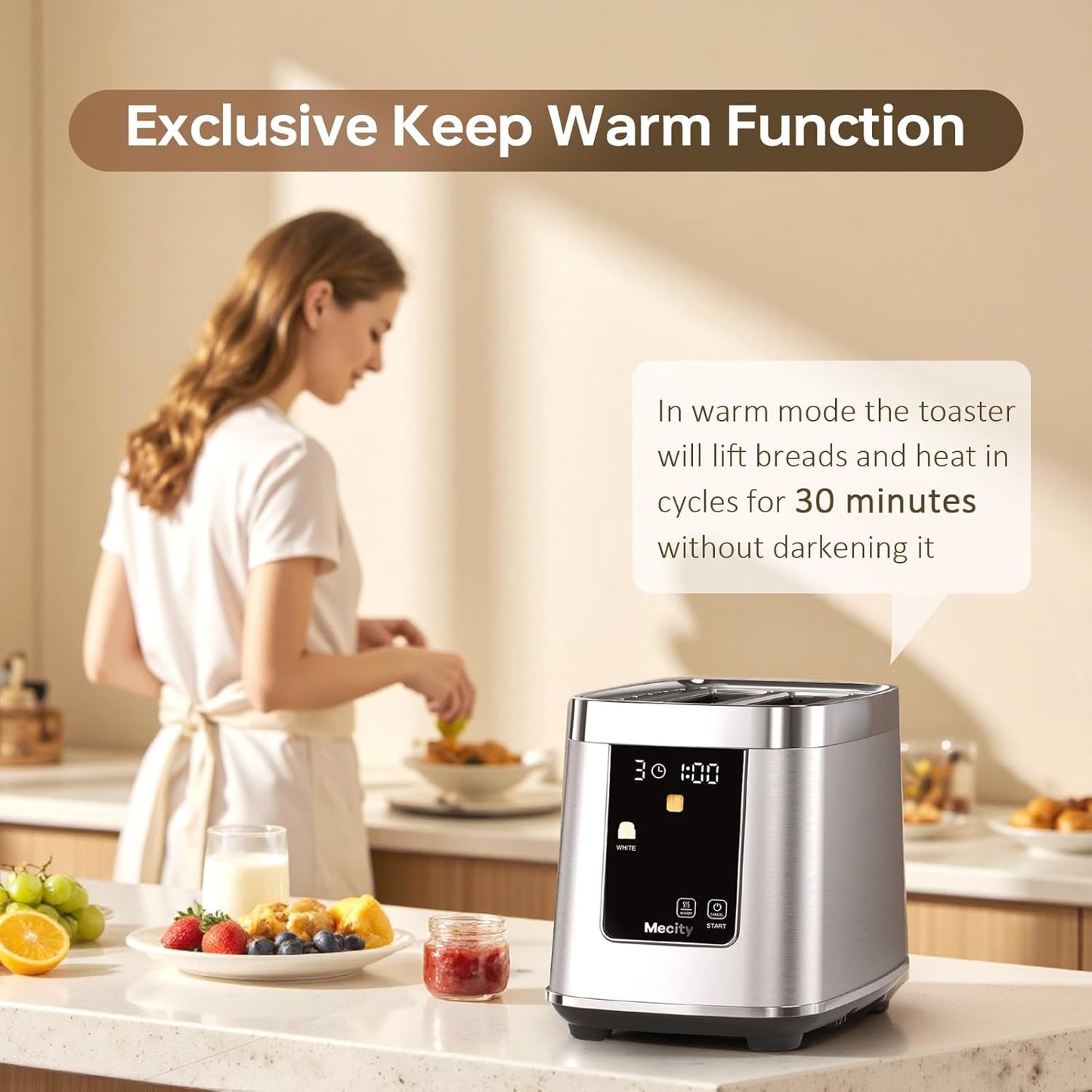 Mecity Motorized Toaster 2 Slice with Touch Screen, Stainless Steel Smart Toaster, 8 Bread Types, 5 Shade Levels, 1200W High Power, Keep Warm Mode, Reheat Defrost Functions, 120V