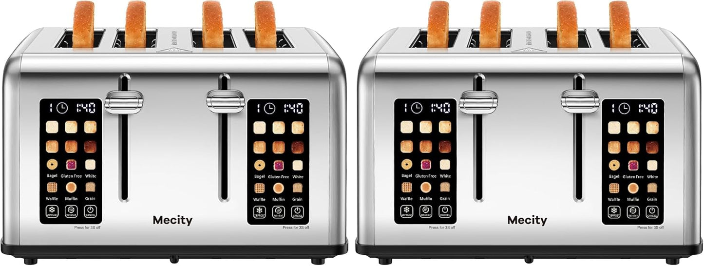 Mecity 4 Slice Toaster with Touch Screen Control, 4 Wide Slots, Stainless Steel Smart Bread Toaster for Bagels, Muffins, Waffles, Dual Control Panel, Timer, Defrost, Reheat, 120V 1650W (Pack of 2)