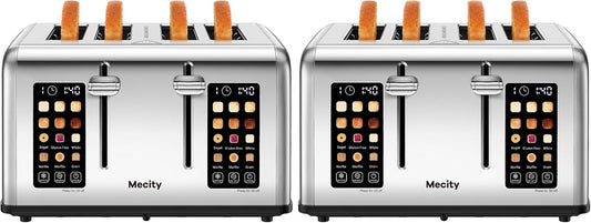 Mecity 4 Slice Toaster with Touch Screen Control, 4 Wide Slots, Stainless Steel Smart Bread Toaster for Bagels, Muffins, Waffles, Dual Control Panel, Timer, Defrost, Reheat, 120V 1650W (Pack of 2)