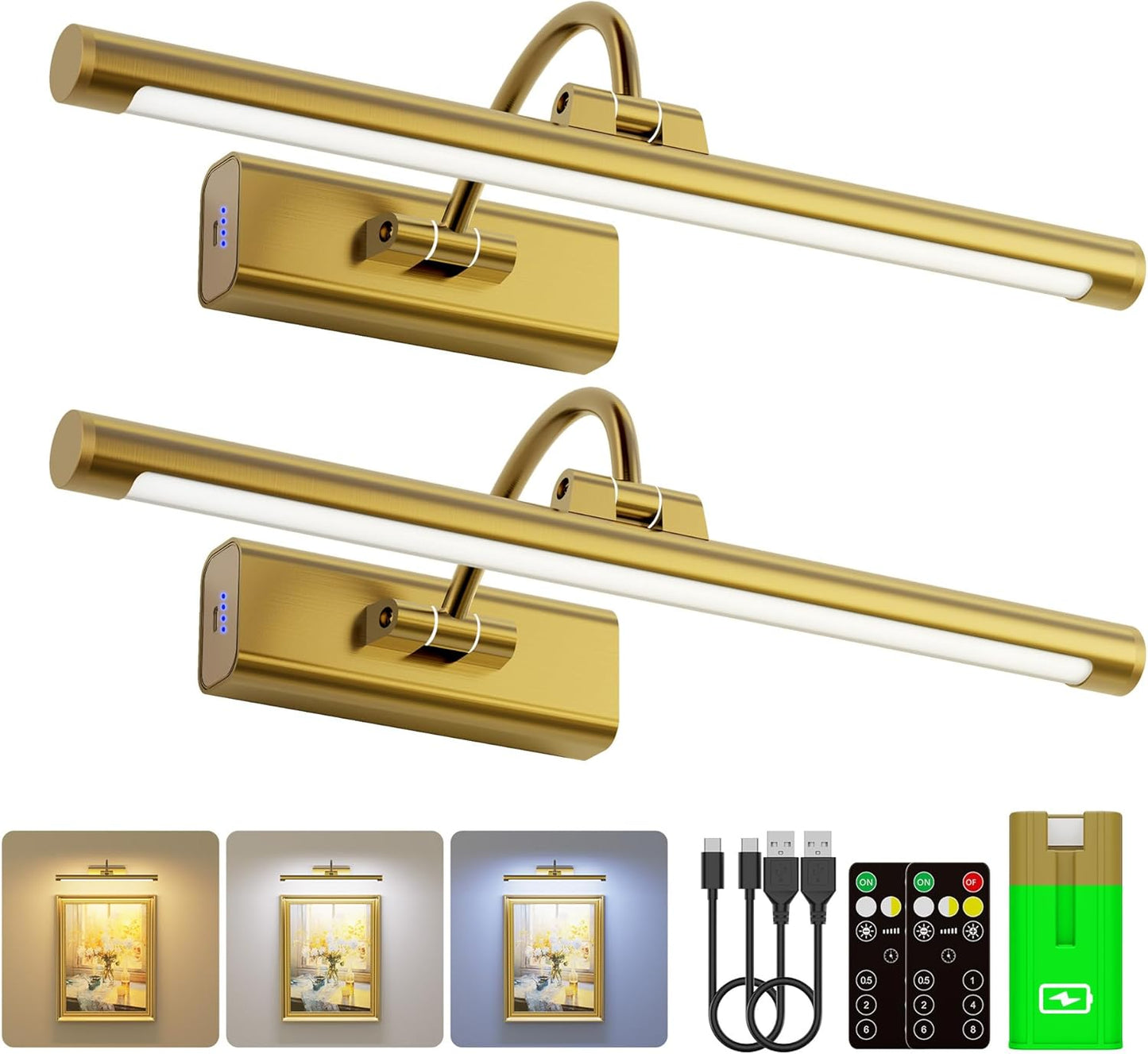 16" Art Lighting for Paintings with 1pcs Extra 6000mAh Battery - 2 Pack Wireless Dimmable Wall Mount for Paintings, Artwork, Portraits & Frames