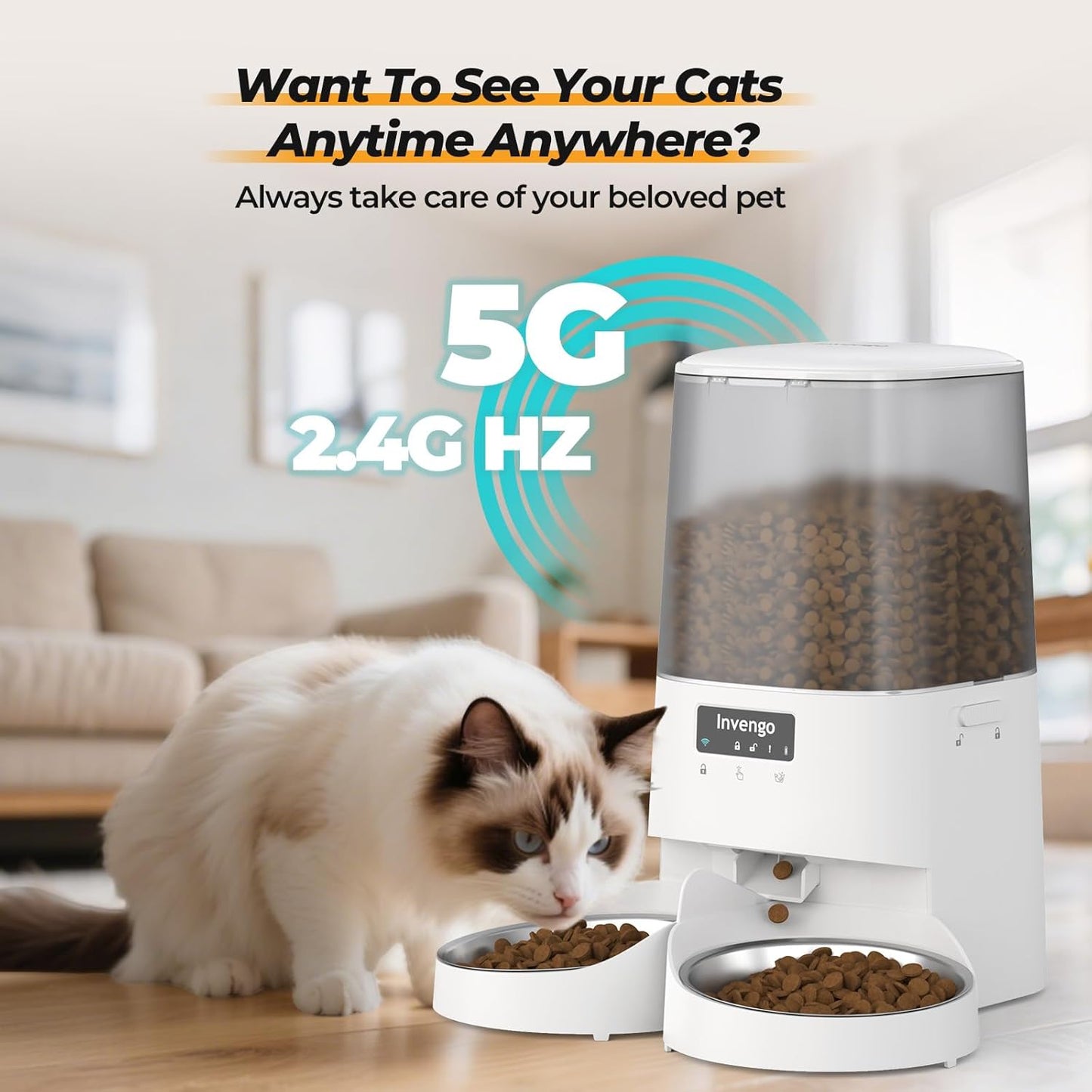 Automatic Cat Feeder with App Control, 5L Food Dispenser for 2 Cats, 2.4/5G WiFi, Dual Power, Programmable Portions, Anti-Jam & Fresh-Lock, Stainless Steel Bowls, Easy to Clean