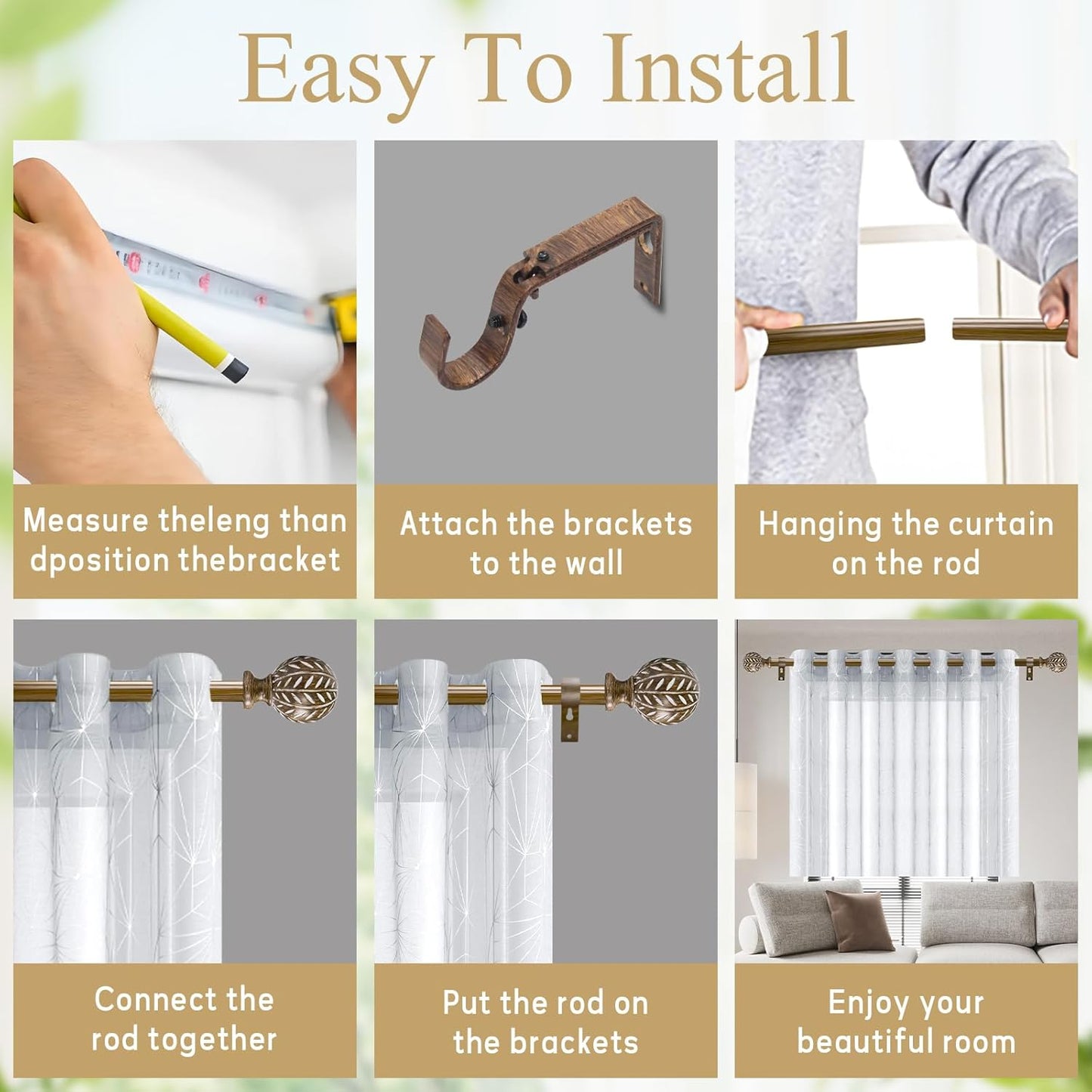 Boho Wooden Curtain Rods for Windows 28 to 48 Inches(2.3-4 ft), Adjustable-Heavy Duty 1" Diameter Drapery Rod with Imitation Wood-Grain Leaf-Pattern Finials - for Living Room & Bedroom，18-45''