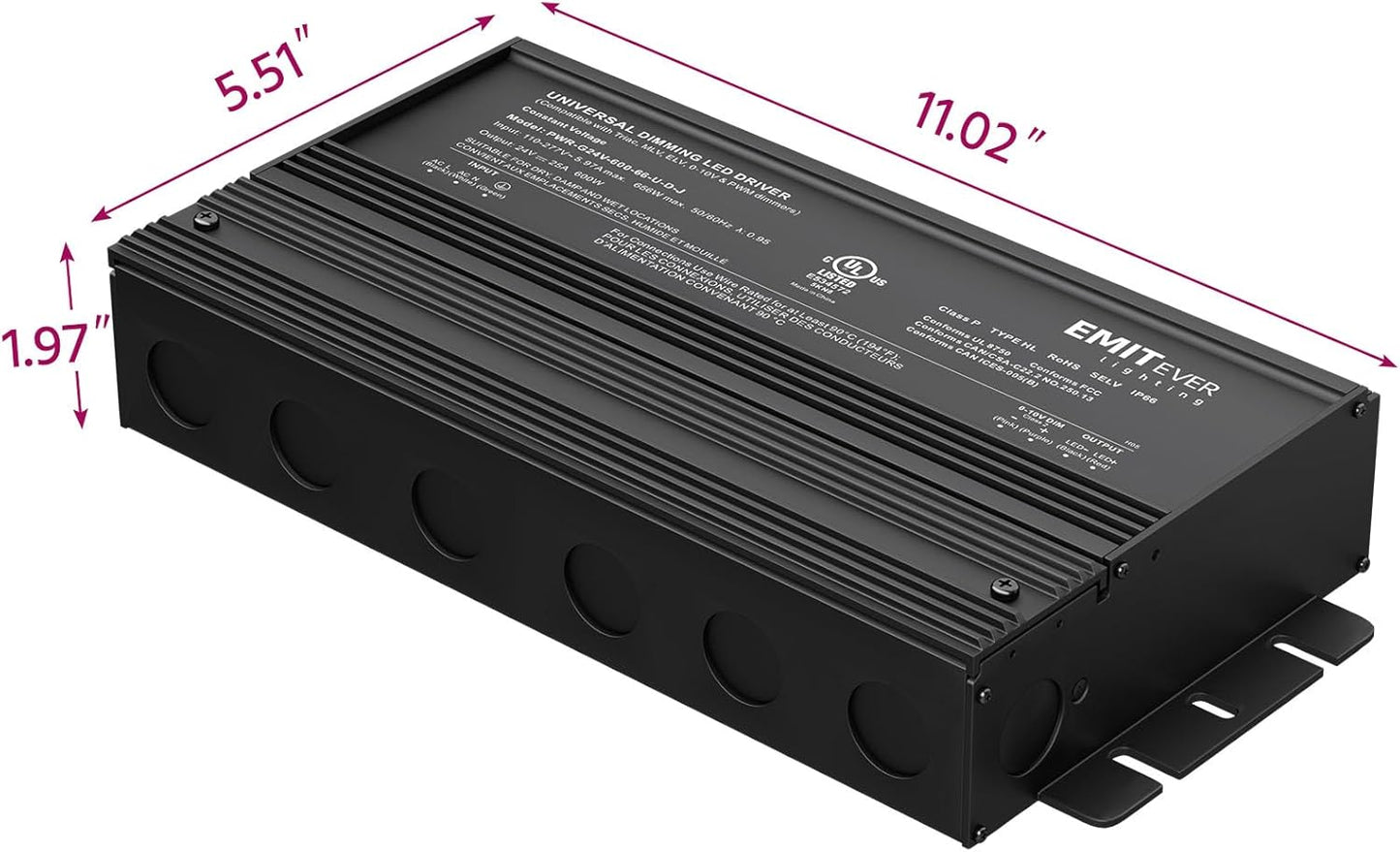 EMITEVER Dimmable Led Driver, 600W AC 110V-277V to DC 24V Transformer, 5-in-1 Dimming: ELV/MLV/TRIAC / 0-10V / 1-10V / 10V PWM/Potentiometer, Waterproof IP67 and UL Listed