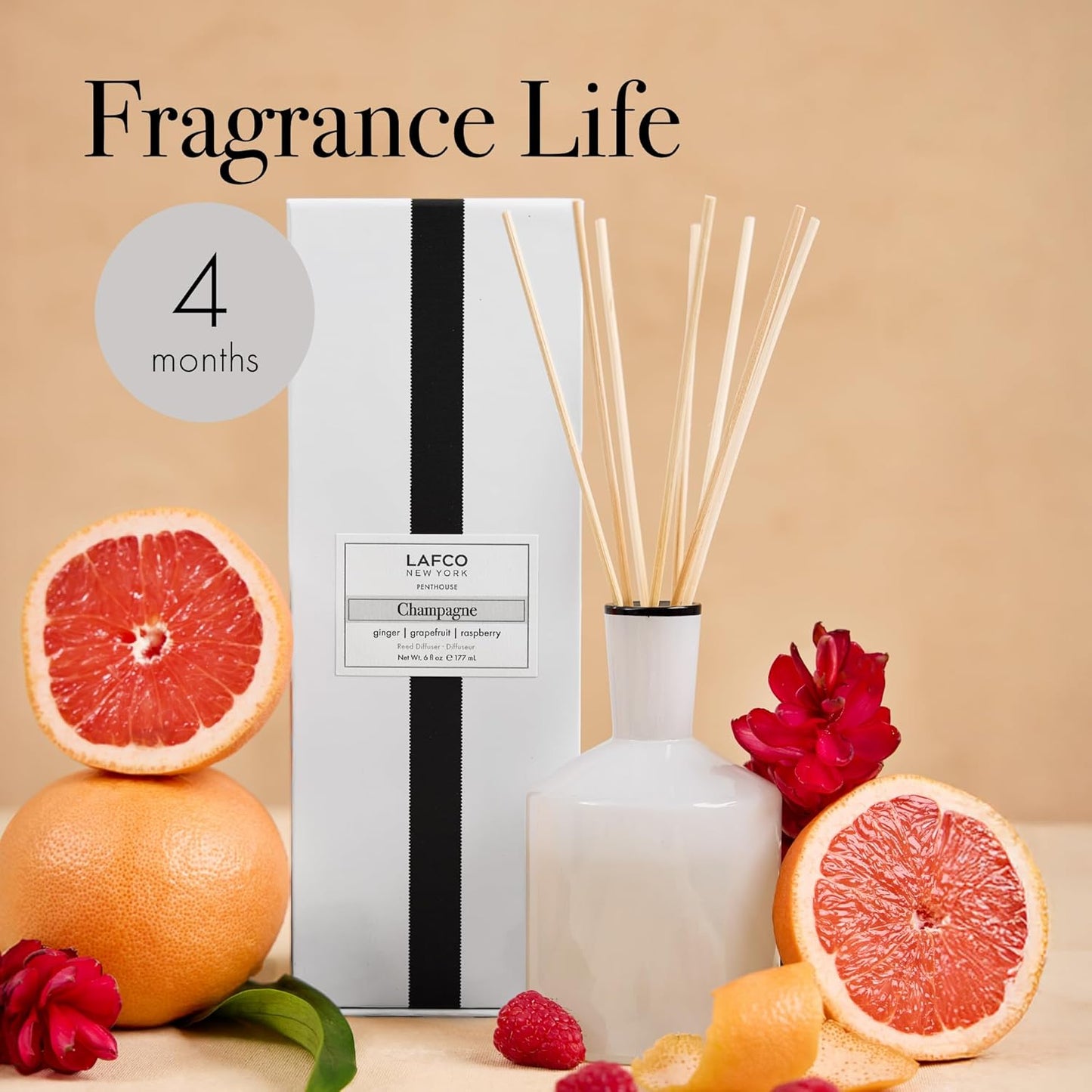 LAFCO New York Classic Reed Diffuser, Champagne - 6 oz - Up to 3 Months Fragrance Life - Reusable, Hand Blown Glass Vessel - Natural Wood Reeds - Made in The USA