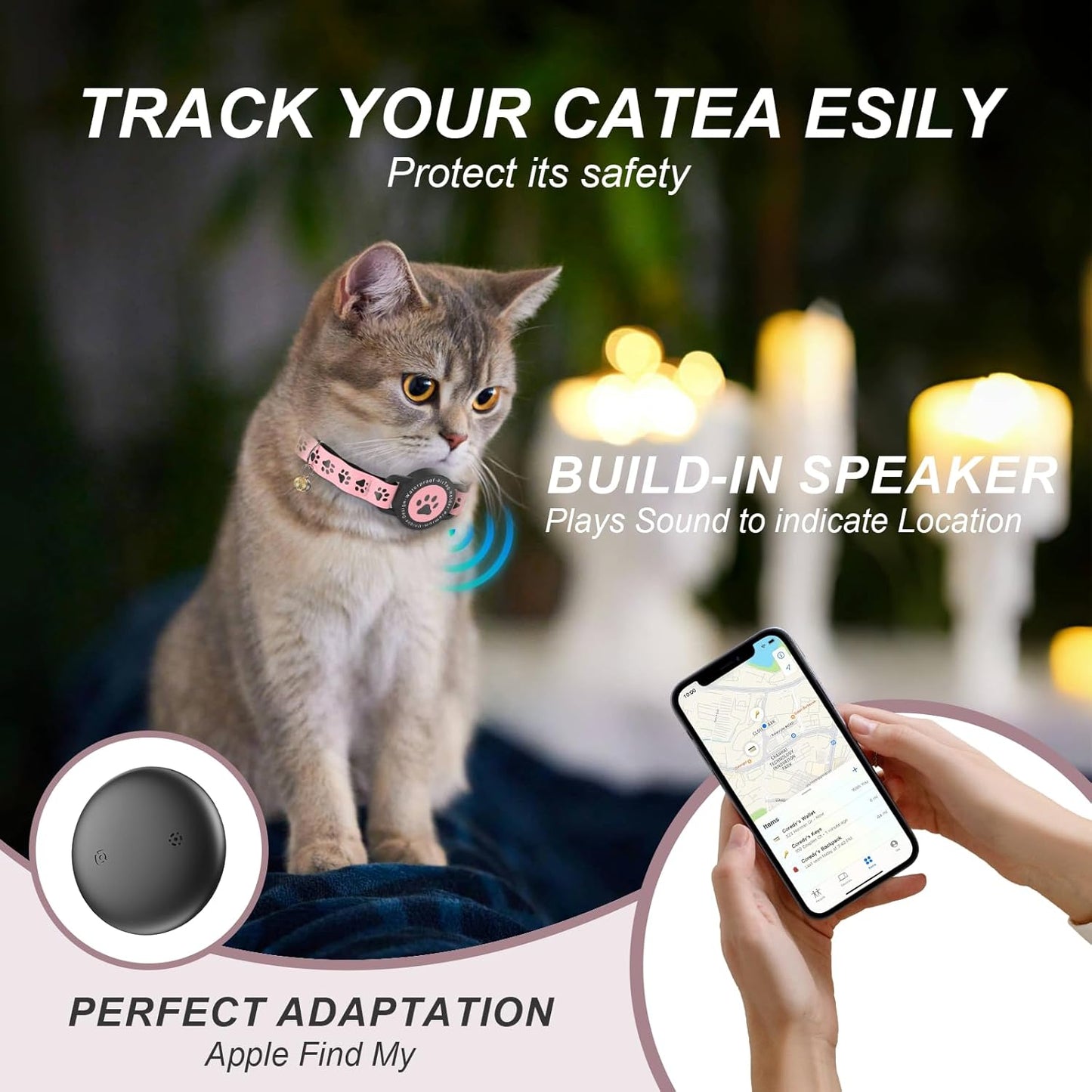 GPS Tracker for Cats, Waterproof GPS Cat Trackers Cats Collar with Bells, No Subscription, GPS Cat Collar, Adapt with Apple Find My (iOS Only) Finder Tag for items Pets Christmas Gift (PINK)
