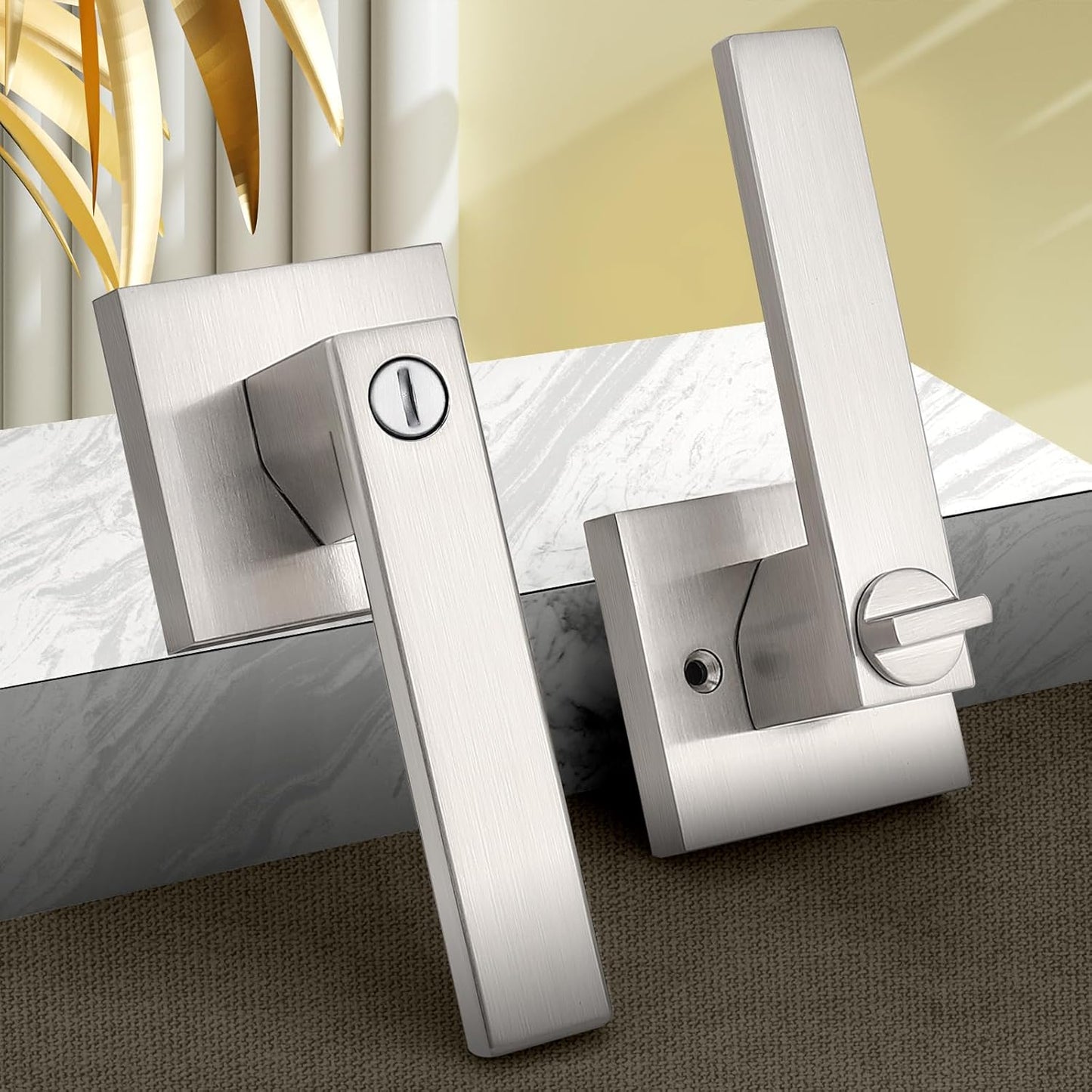 Probrico Interior Brushed Nickel Door Handle, Heavy Duty, Flat Square Privacy Door Handles, Keyless Door Levers Lockset for Bedroom and Bathroom (3 Pack, Modern)