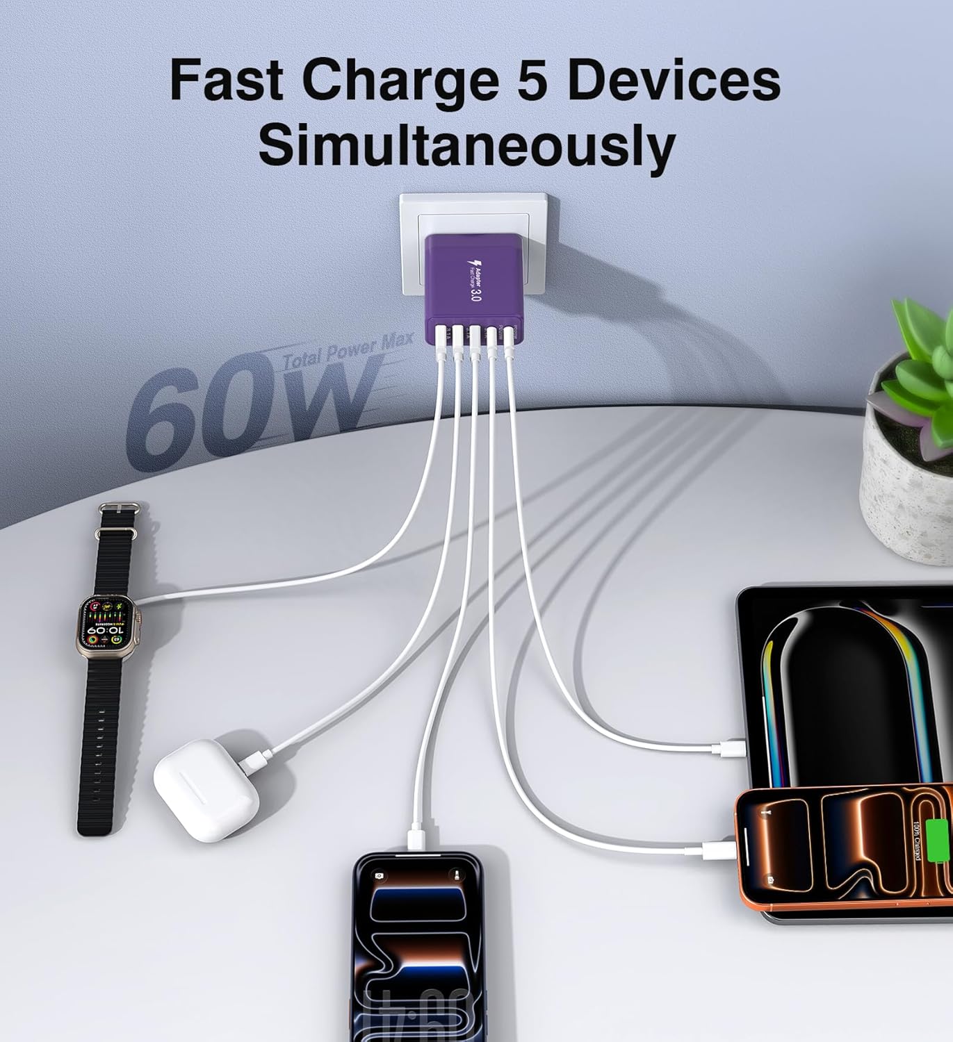 [2-Pack] USB C Wall Charger, 60W Fast USB C Charger Block, 5-Port PD Power Adapter + QC Wall Plug Multiport Type C Charging Block Cube Compatible with iPhone 17 16 15 14 13 12 Pro Max XR XS, Purple