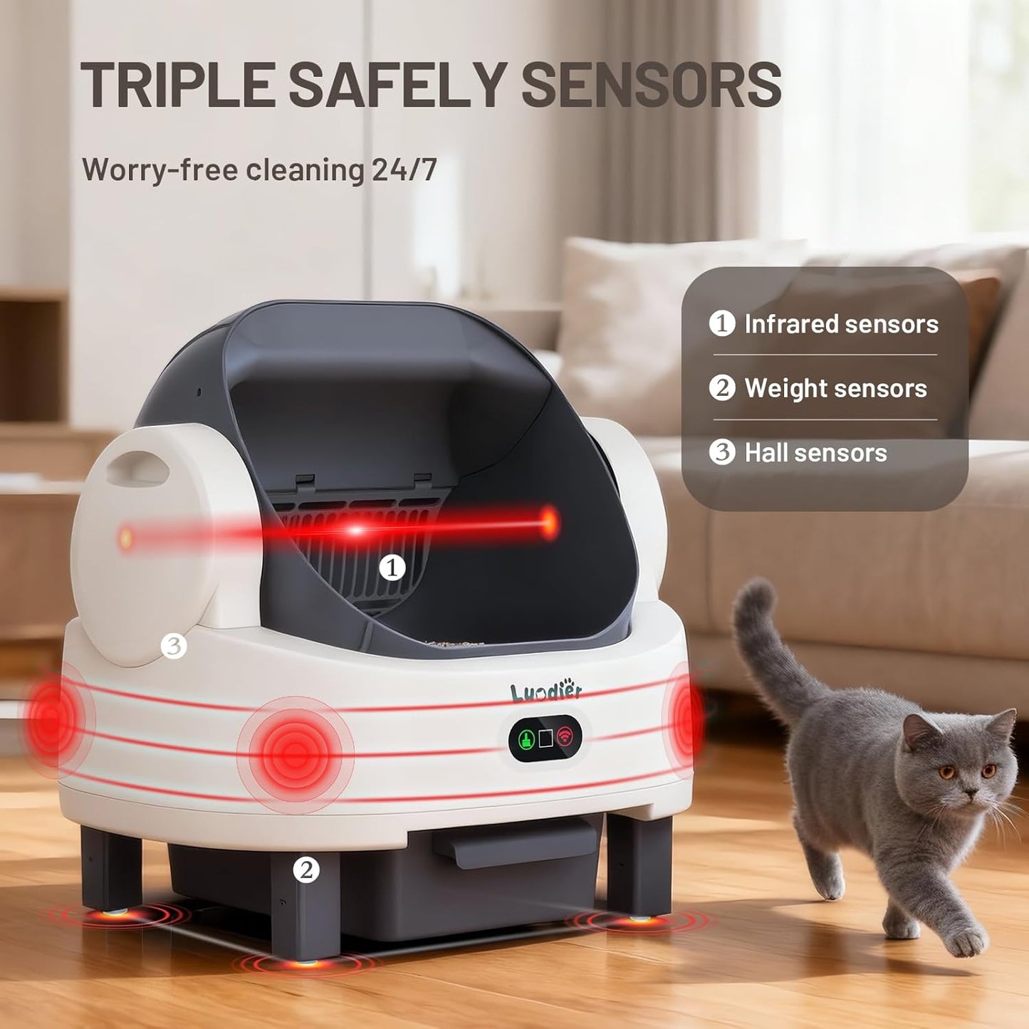 Self Cleaning Litter Box, Automatic Cat Litter Box Self Cleaning with APP Control, Odor-Free Waste Disposal Includes Trash Bags, Triple Safety Sensor, for Multiple Cats, Open-Top(White-Grey)