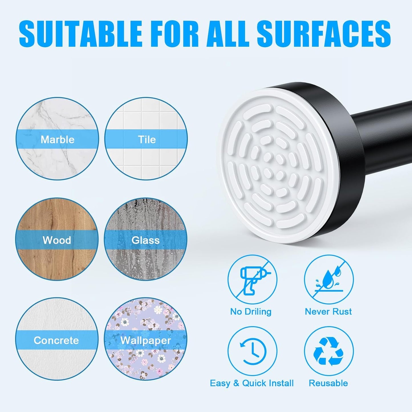 TEECK Shower Curtain Rod, 32-104 inch Adjustable Spring Tension Curtain Rod, Never Rust Anti-Slip Shower Curtain Rod for Bathroom, No Drilling, Never Collapse, Easy to Use, Black