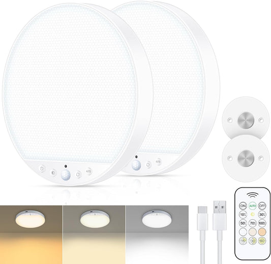 Rechargeable 8W Motion Sensor Ceiling Light Indoor, No Wiring & Magnetic Stick-On, Remote Control for Color & Brightness, Battery Operated Light for Shower, Closet, Bathroom, Pantry, Hallway, 2-Pack