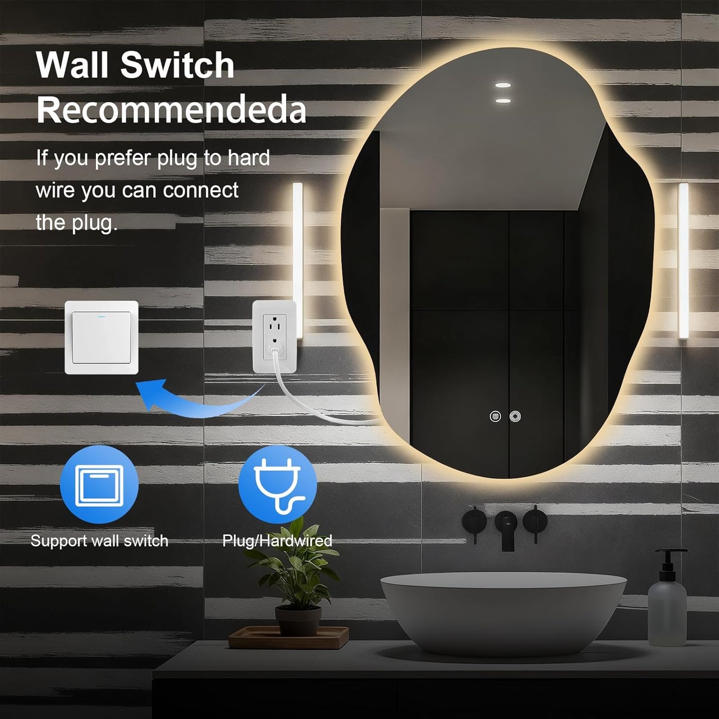 Asymmetrical Bathroom Mirror with Lights,Irregular LED Bathroom Vanity Mirror with Backlit,Anti-Fog,3 Colors and Dimmable Light with Memory,Hardwired Supported[Horizontal/Vertical] 40" H x 30" W