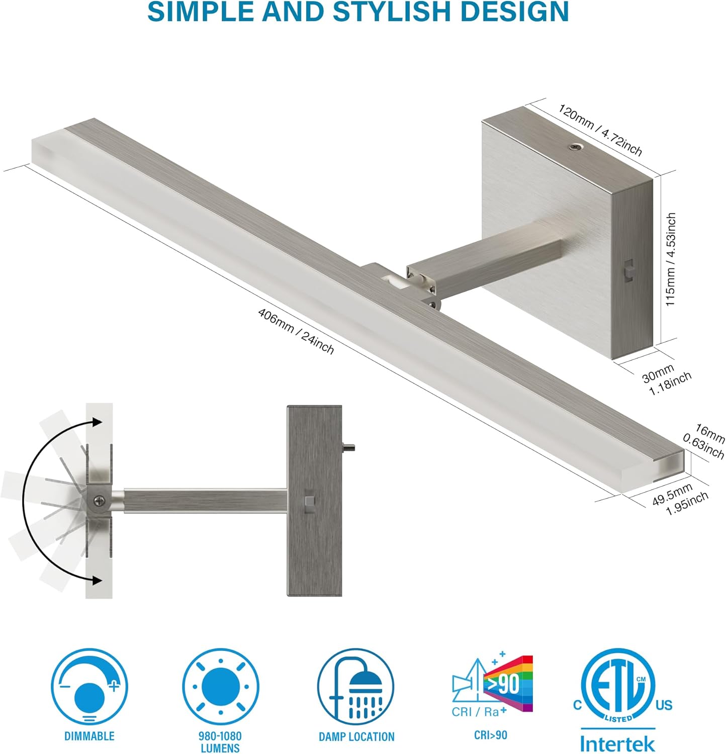 ZAGO 24 Inch Bathroom Vanity Light Fixtures Over Mirror - LED Modern Rotational Wall Mounted Adjustable Hardwired Picture Lighting Bar with 5CCT Switchable, ETL & Damp Rated, Chrome, 2-Pack