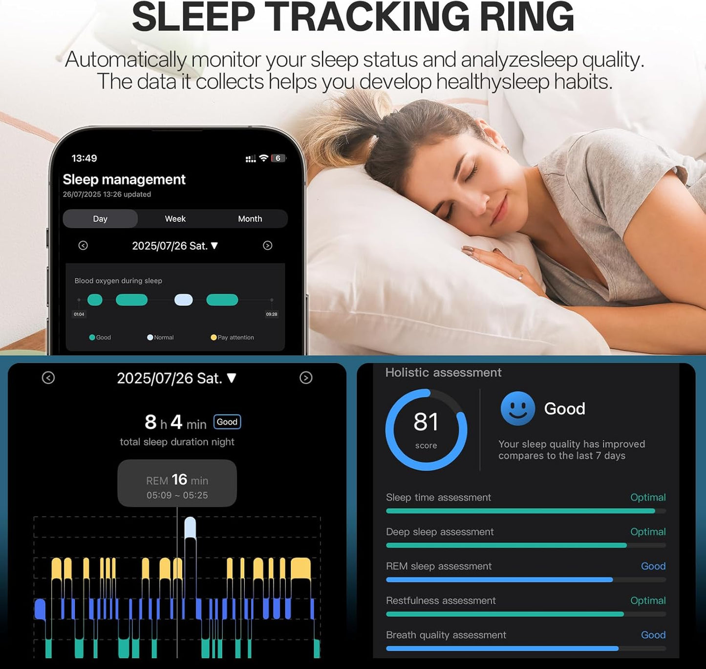 Smart Ring with Vibration Alerts, health tracker ring with Body Temperature Monitor, Heart Rate, Sleep & Fitness Tracking, Waterproof Activity Ring for Men & Women, No App Fees (Gunmetal Gray, 12#)