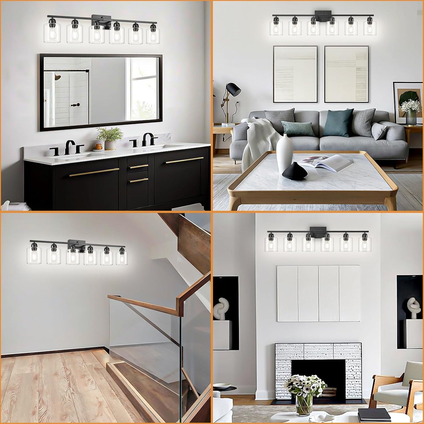 Bath Vanity Lights For Mirror, Restroom Lights Fixtures With Milky White Frosted Glass Shades,Bathroom Over Sink Light Fixtures, Bathroom Light Fixtures Over Mirror (Black with clear glass, 6-Light)