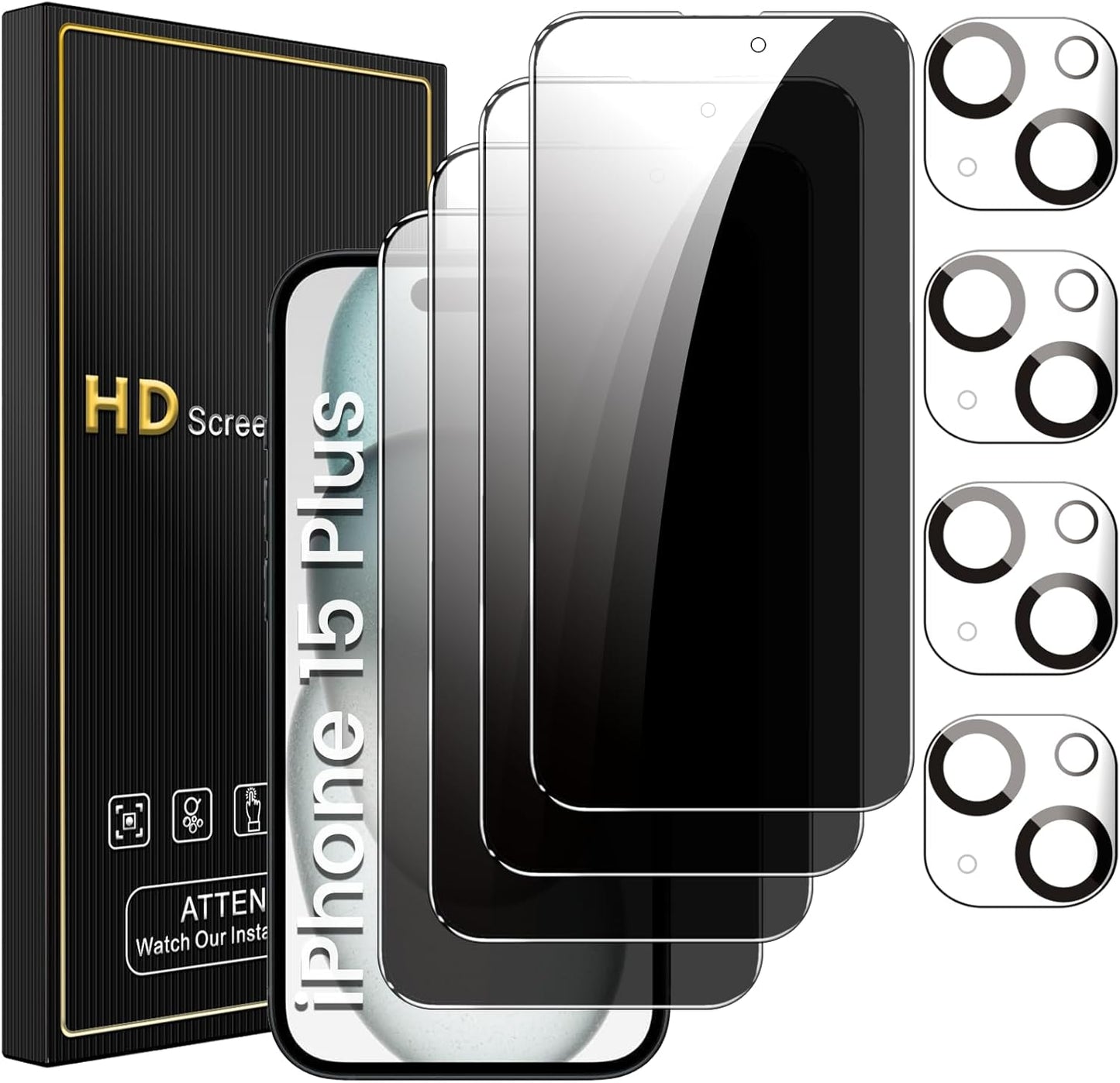 4 Pack Privacy Screen Protector for iPhone 15 Plus 6.7 Inch with 4 Pack Camera Lens Protector, Anti Spy Tempered Glass Film, Anti-Scratch, Touch Sensitive, Case Friendly