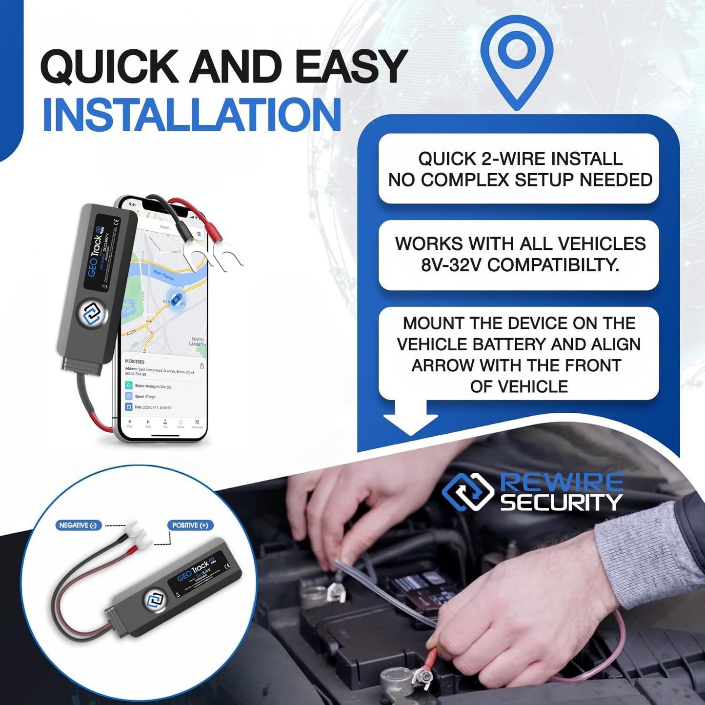 REWIRE SECURITY Geo Track Mini 4G GPS Tracker for Vehicles – Real-Time Vehicle Tracking Device for Car, Van, Motorhome | Easy Battery Install | Live App Tracking | 4G Fleet Tracking