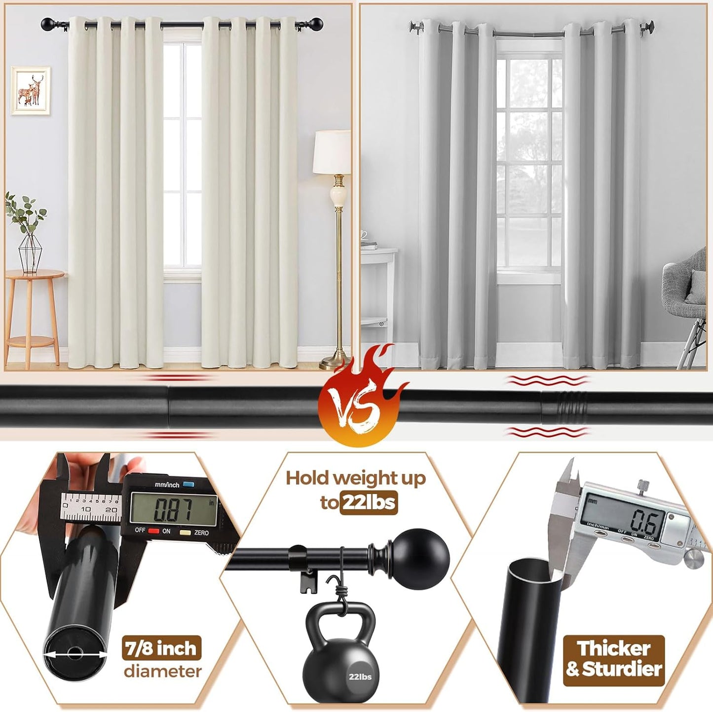 KAMANINA Black Curtain Rods for Windows 66 to 120 Inches (5.5-10ft), Long Heavy Duty Curtain Rod, 7/8 Inch Decorative Drapery Rod with Round Finials