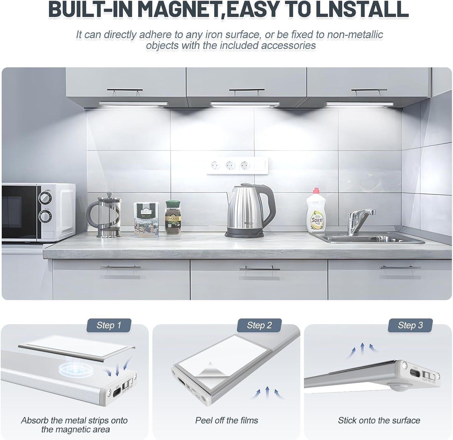 6 Pack Under Cabinet Lighting Wireless, 58 LED Rechargeable Battery Motion Sensor Light Indoor, Stick On Magnetic Closet Lights, Under Counter Lights for Kitchen, Stairs, White 14 in