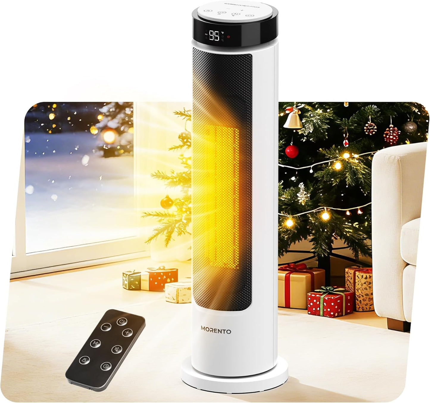 MORENTO Space Heater for Indoor Use, 1500W Ceramic Fast Heat, Electric Space Heater for Large Room with Remote, Thermostat, Digital Display, 5 Modes, 12H Timer, 70° Oscillation, 23dB White 1 Pack