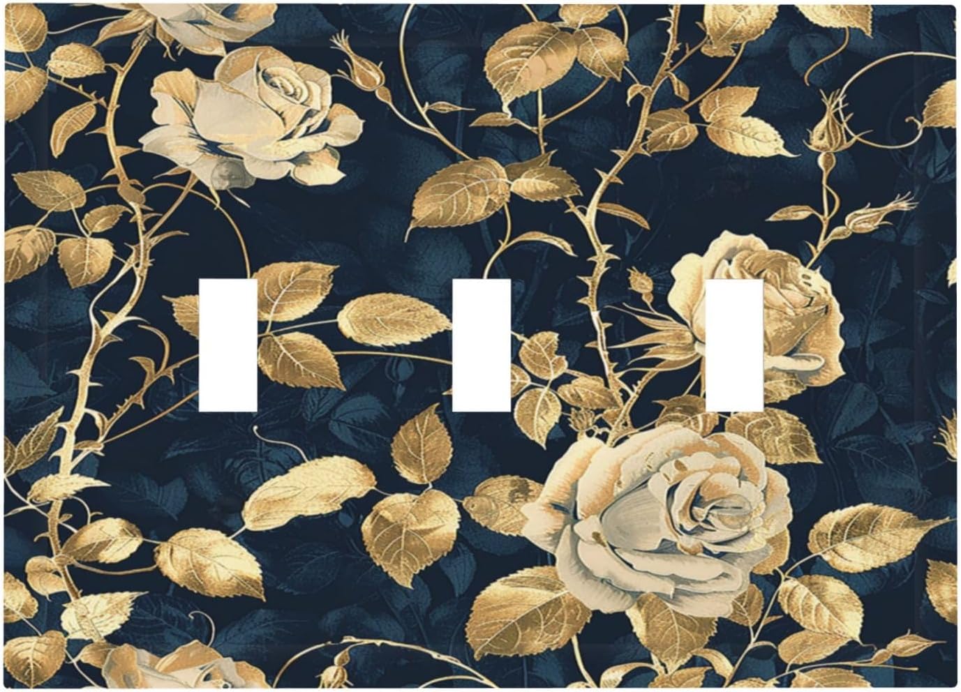 Decorative Switch Plates Boho Vintage Floral Golden Flower Dark Blue Background 3 Gang Wall Plate Triple Toggle Light Switch Cover Faceplate Electrical Wall Panels for Bedroom living Room