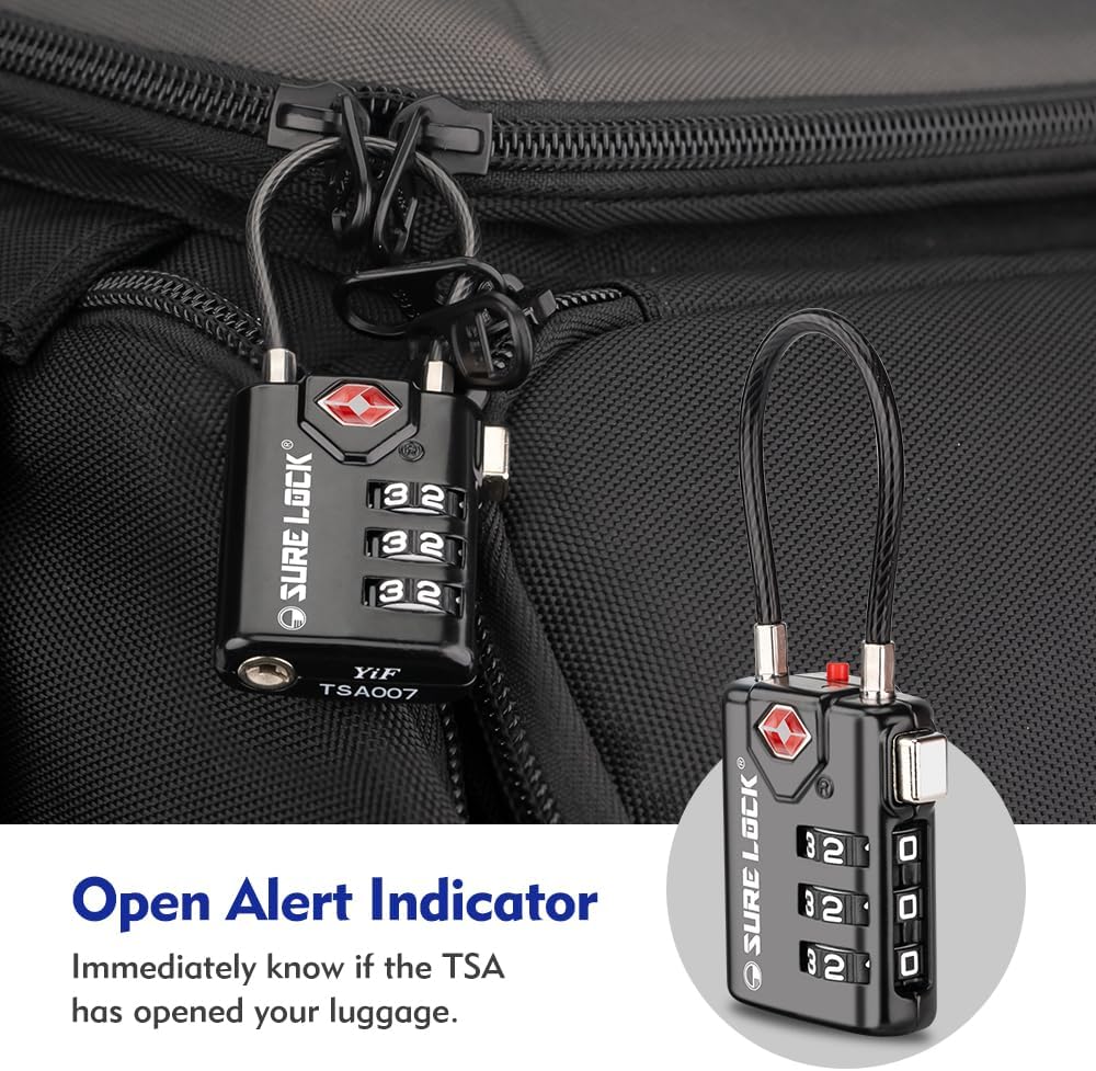 SURE LOCK TSA Compatible Travel Luggage Locks, Inspection Indicator, Easy Read Dials TSA Approved with Zinc Alloy (1, Black 8 Pack)