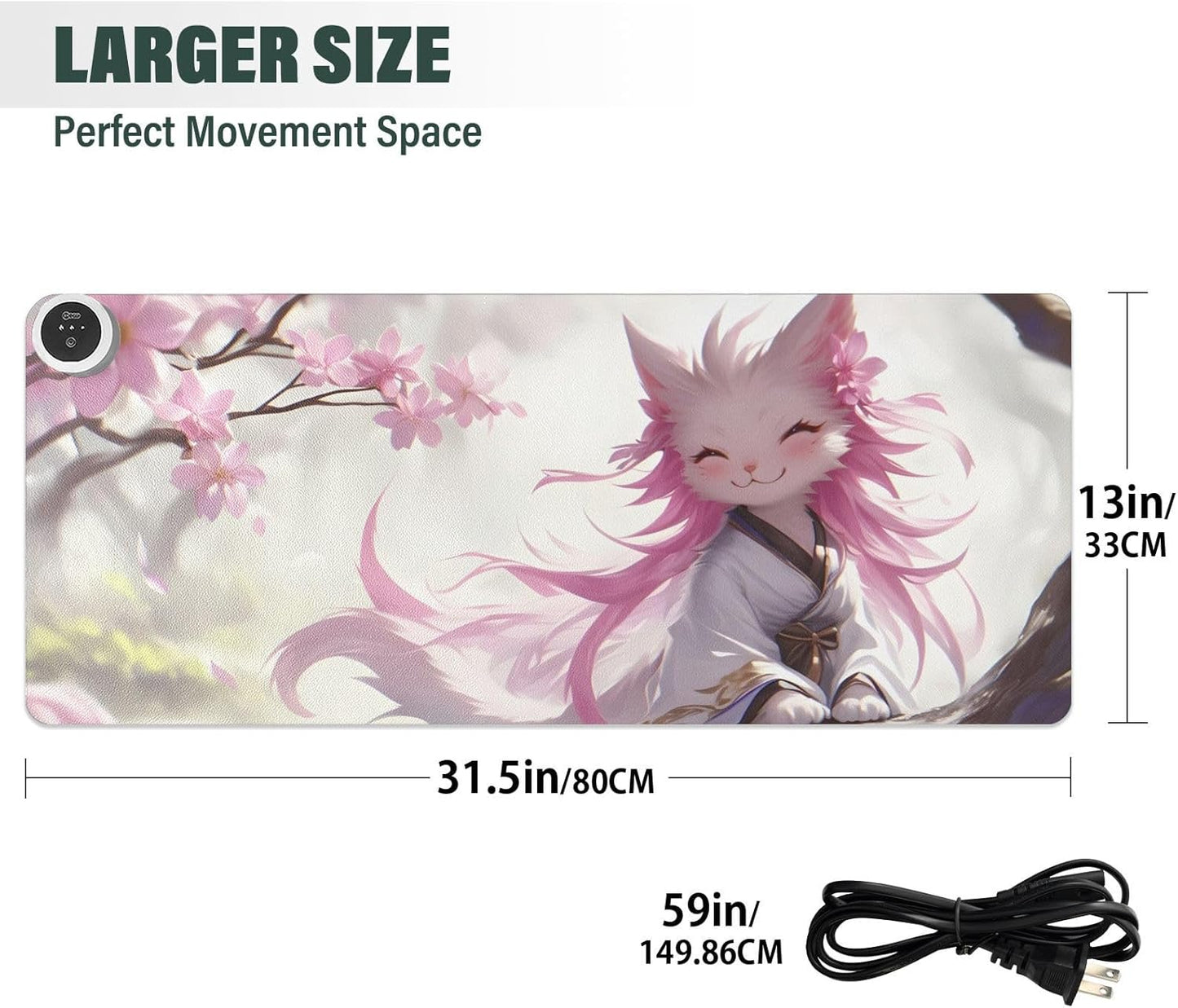 Large Heated Mouse Pad,Leather Desk Mat,31.5"x13",Hand Warmer Pads for Desk,Kitty(White Pink)
