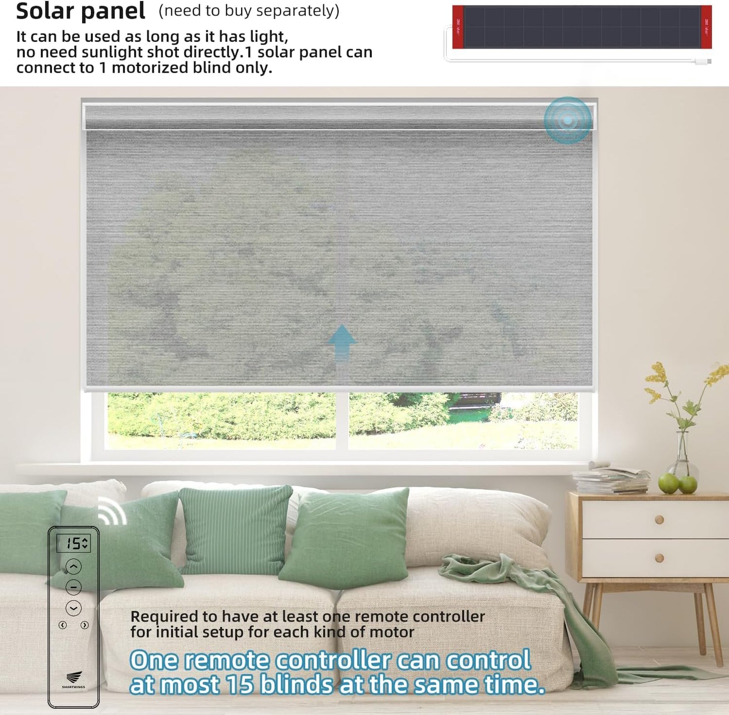 SmartWings Motorized Light Filtering Shades, Work with Homekit, Alexa SmartThings Google, 50% Blackout PVC Free Smart Blinds for Windows, Cordless Window Shades with Remote, Customized, Silver