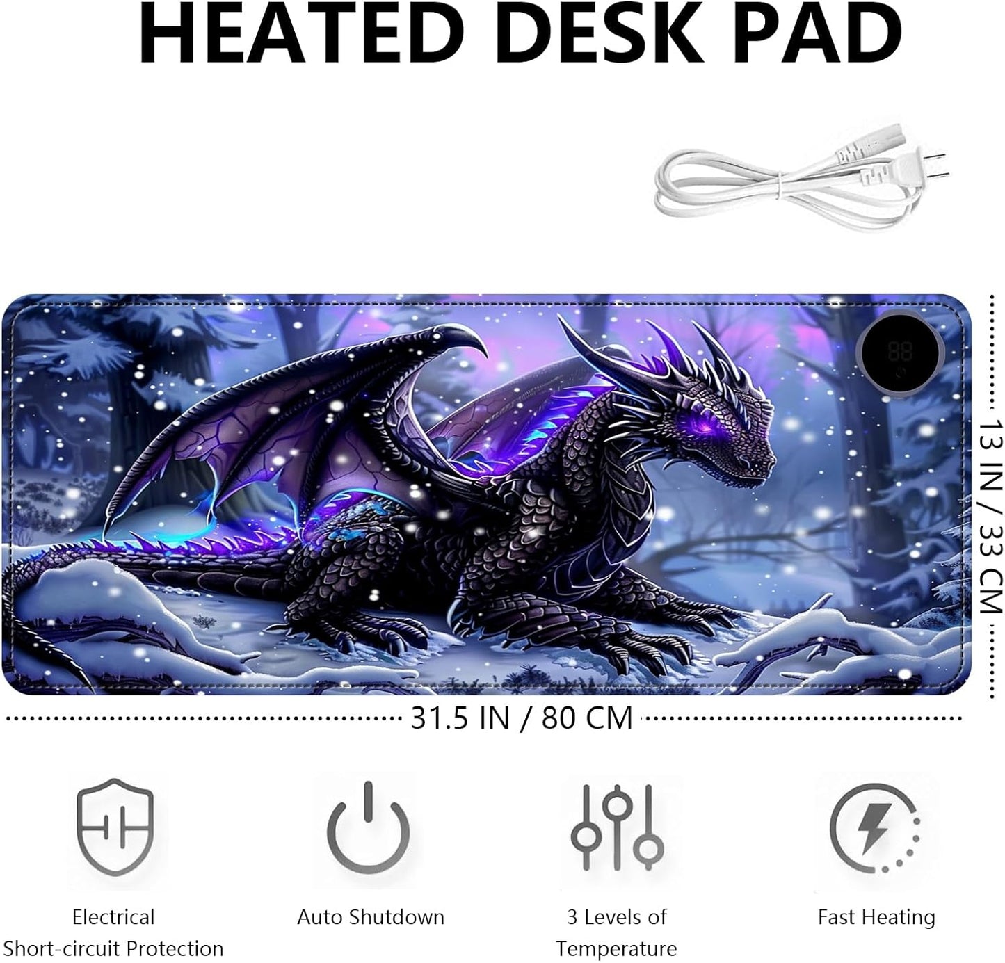 Heated Mouse Pad with 3 Levels Heated & 3 Hours Auto Shut-Off Mouse Pad for Warming Hands in Office Home, 31.5" x 13"Large Safe Desk Mat Hand Warmer，Purple Flying Dragon