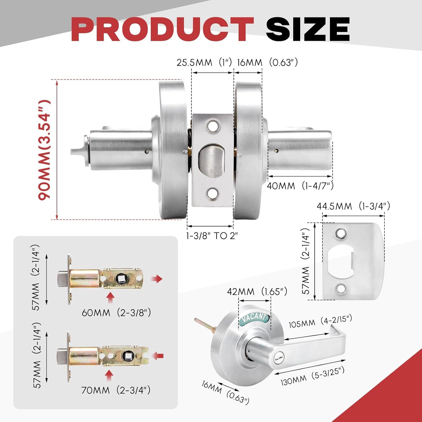 Tandefio 1 Set Vacant Occupied Bathroom Lock, Commercial Door Handle with in-use or Vacancy Occupied Deadbolt, Privacy Indicator Restroom Handle Lock for Restrooms, Satin Chrome (90mm,Silver)