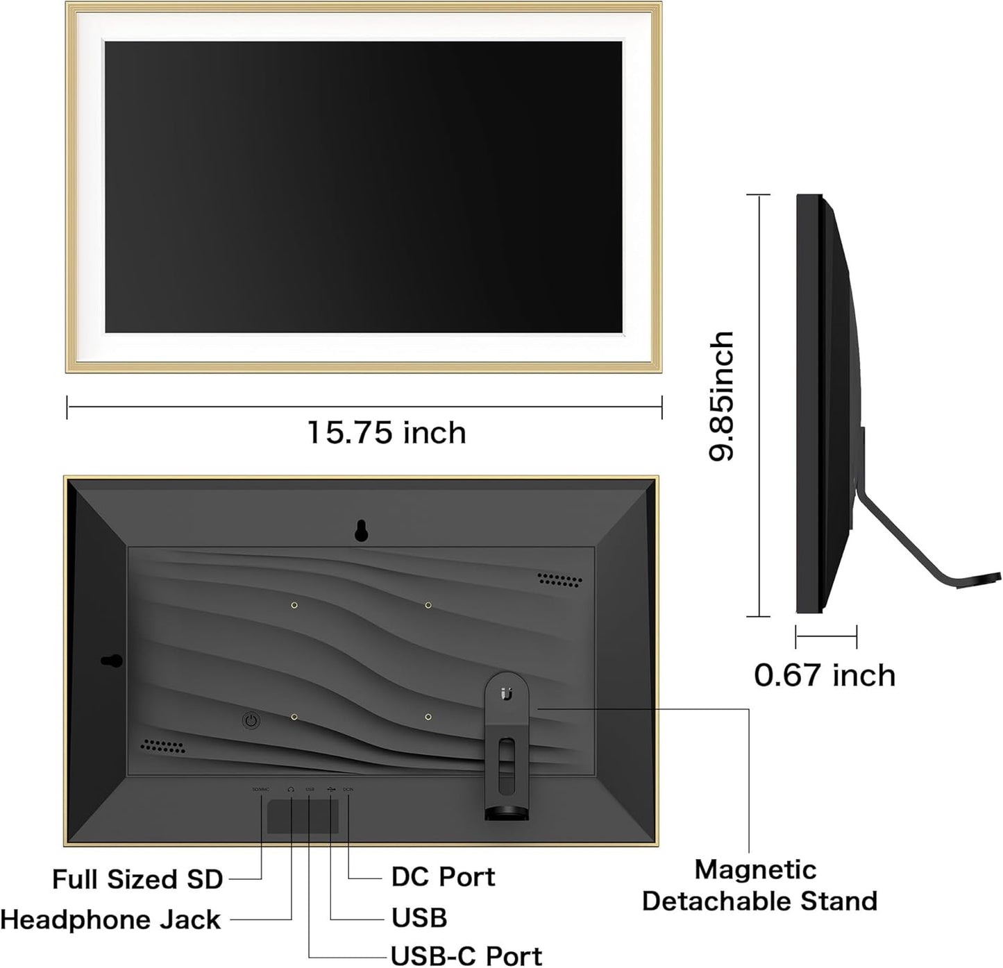 Digital Picture Frame, 15.6 inch Large Digital Photo Frame WiFi, 32GB Capacity, 1920 * 1080 IPS FHD Touch Screen, Electronic Frame Slideshow, Tabletop&Wall-Mounted, Gifts for Mom, Women, Golden