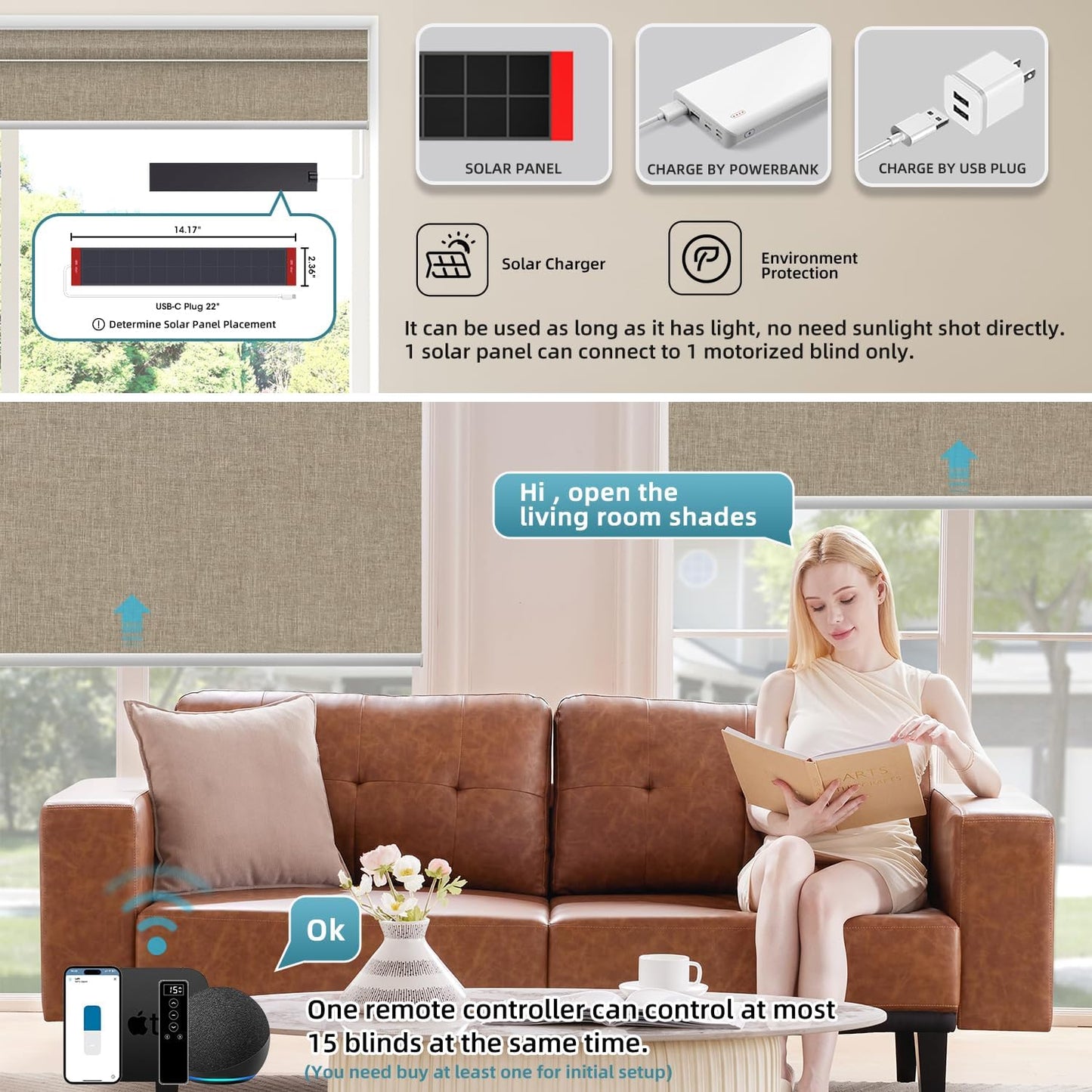 SmartWings Motorized Blinds Dual-Sided Cordless Smart Blackout Shades, Custom Size, Rechargeable Battery, Work with Matter/Apple HomeKit, Alexa, Thread/Zigbee, Remote Optional, Bouvardia Light Brown