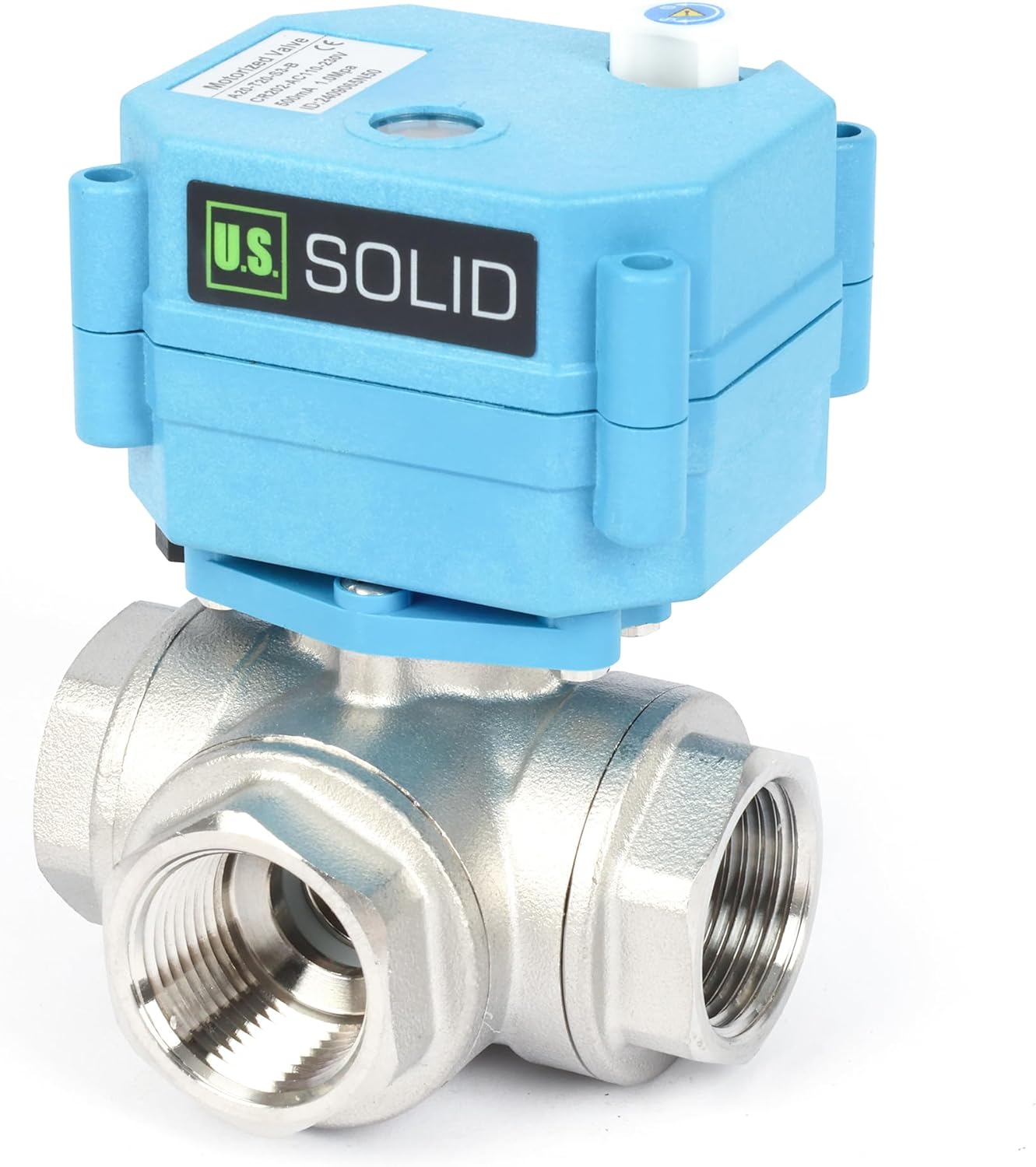 U.S. Solid 3/4" 3 Way Stainless Steel Motorized Ball Valve AC110-230V, L Type Water Shutoff Valve with Manual Function, Standard Port