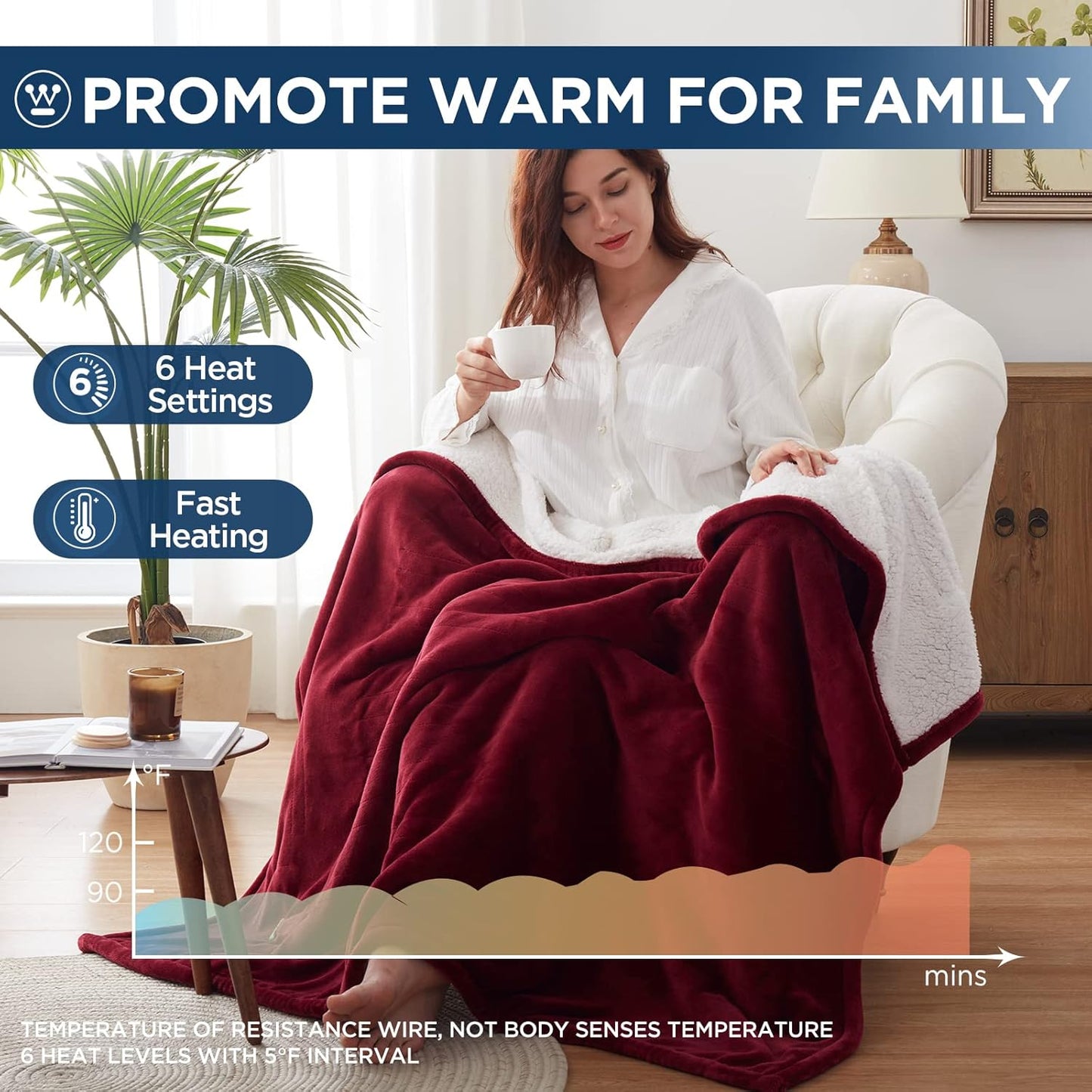 Westinghouse Heated Throw Blanket, Electric Blanket Throw with 6 Heating Levels and 2-10 Hours Time Settings, Flannel to Sherpa Super Cozy Heated Blanket Machine Washable, 50x60 inch, Red