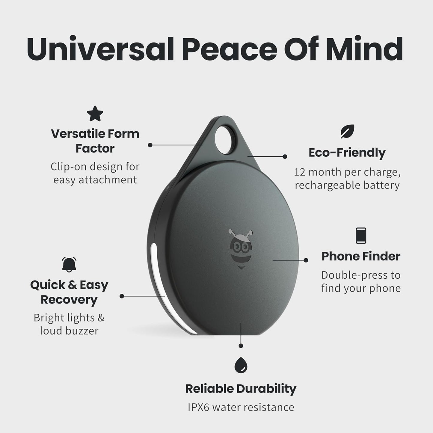 Pebblebee Clip Universal (2024) - Rechargeable Mini Item Tracker Tag | Alternative to Air Tag & Android Trackers | 12-Month Battery Life | Works with Android & iOS Find My Apps | LED & Sound Alerts